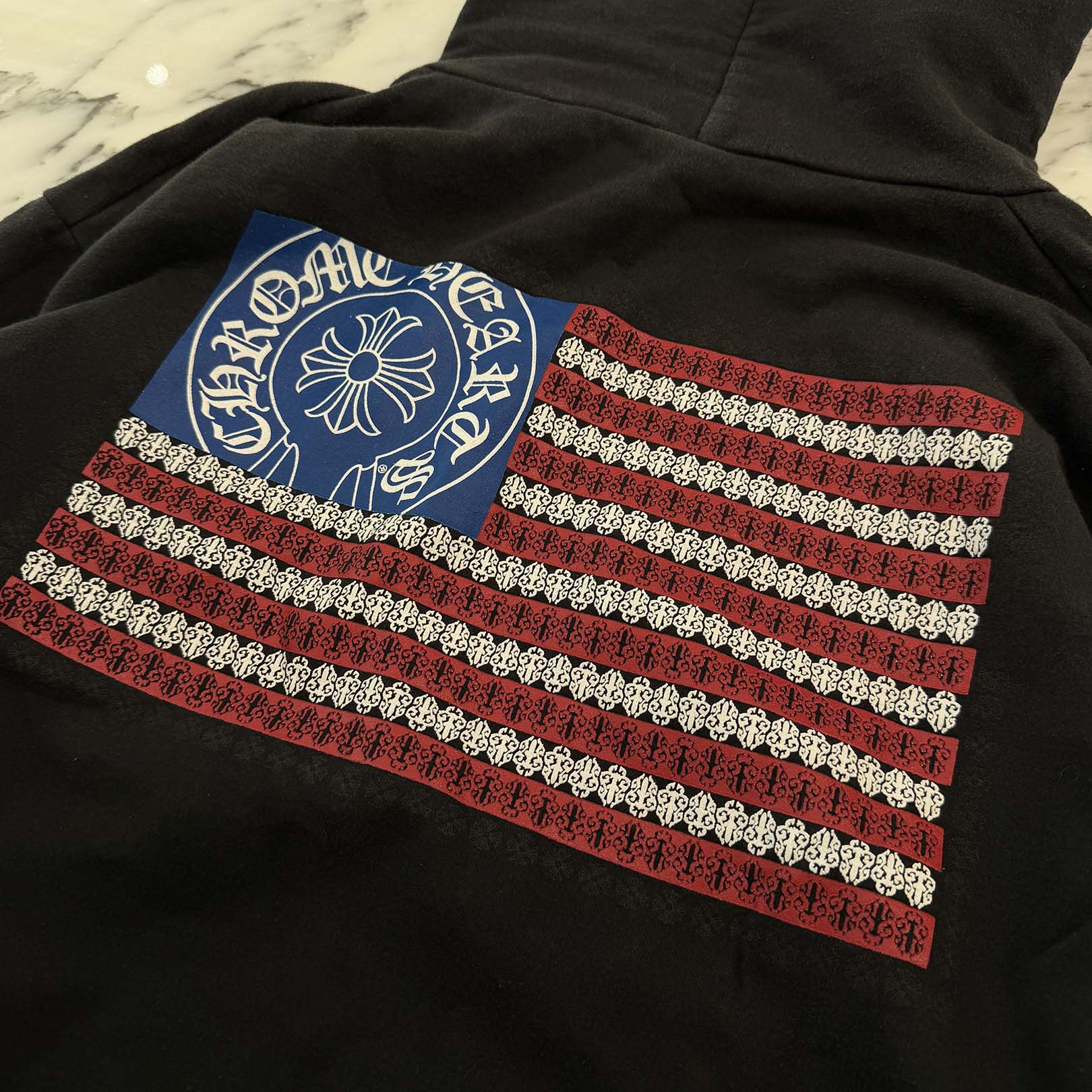 CHROME HEARTS American Flag Scroll Logo Pullover Hoodie Size L クロムハーツ アメリカ国旗 スクロールロゴ プルオーバーフーディー サイズL