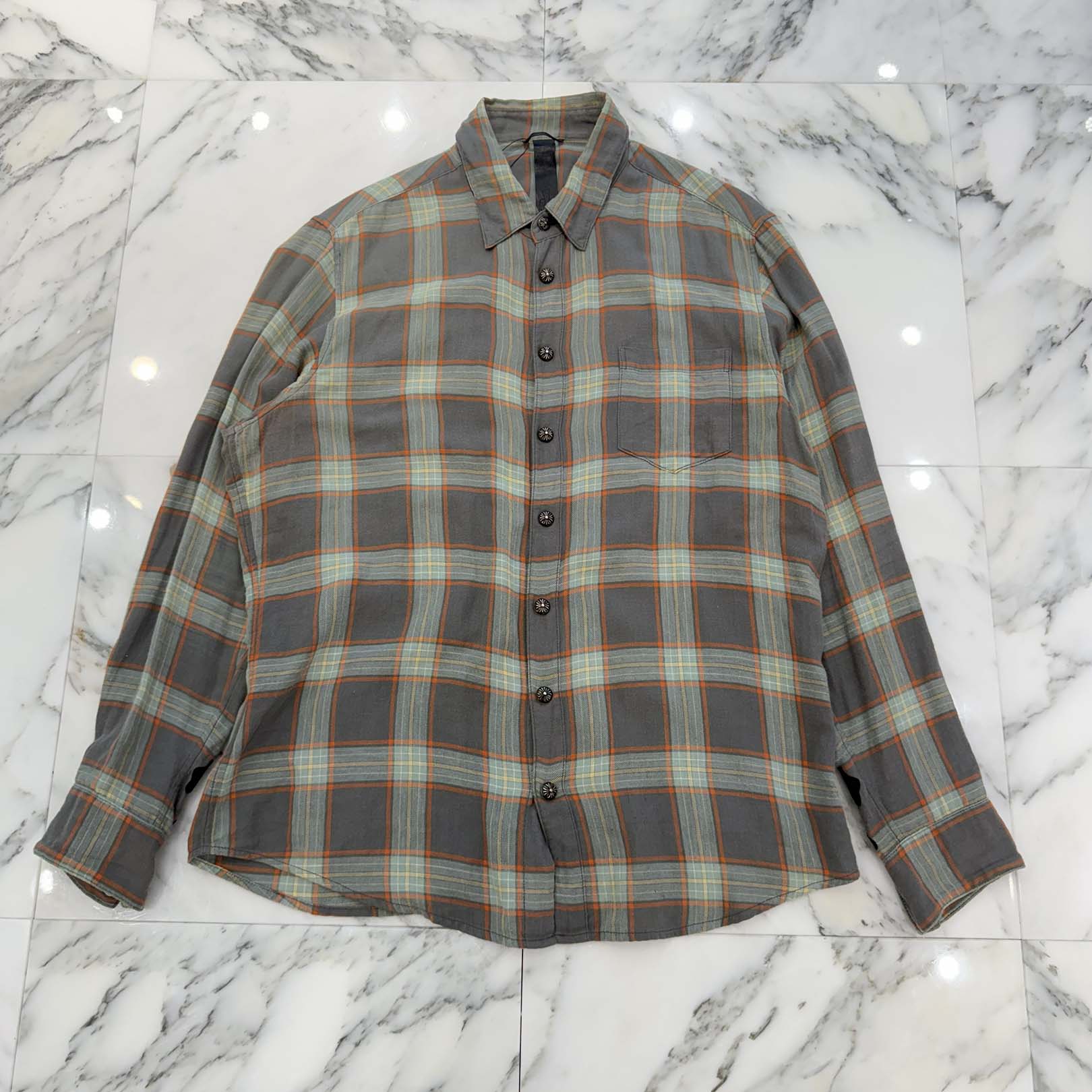CHROME HEARTS Y NOT Loose Ends Cross Leather Patch Check Shirt Size L クロムハーツ ワイノット ルーズエンド レザークロスパッチ チェックシャツ サイズL