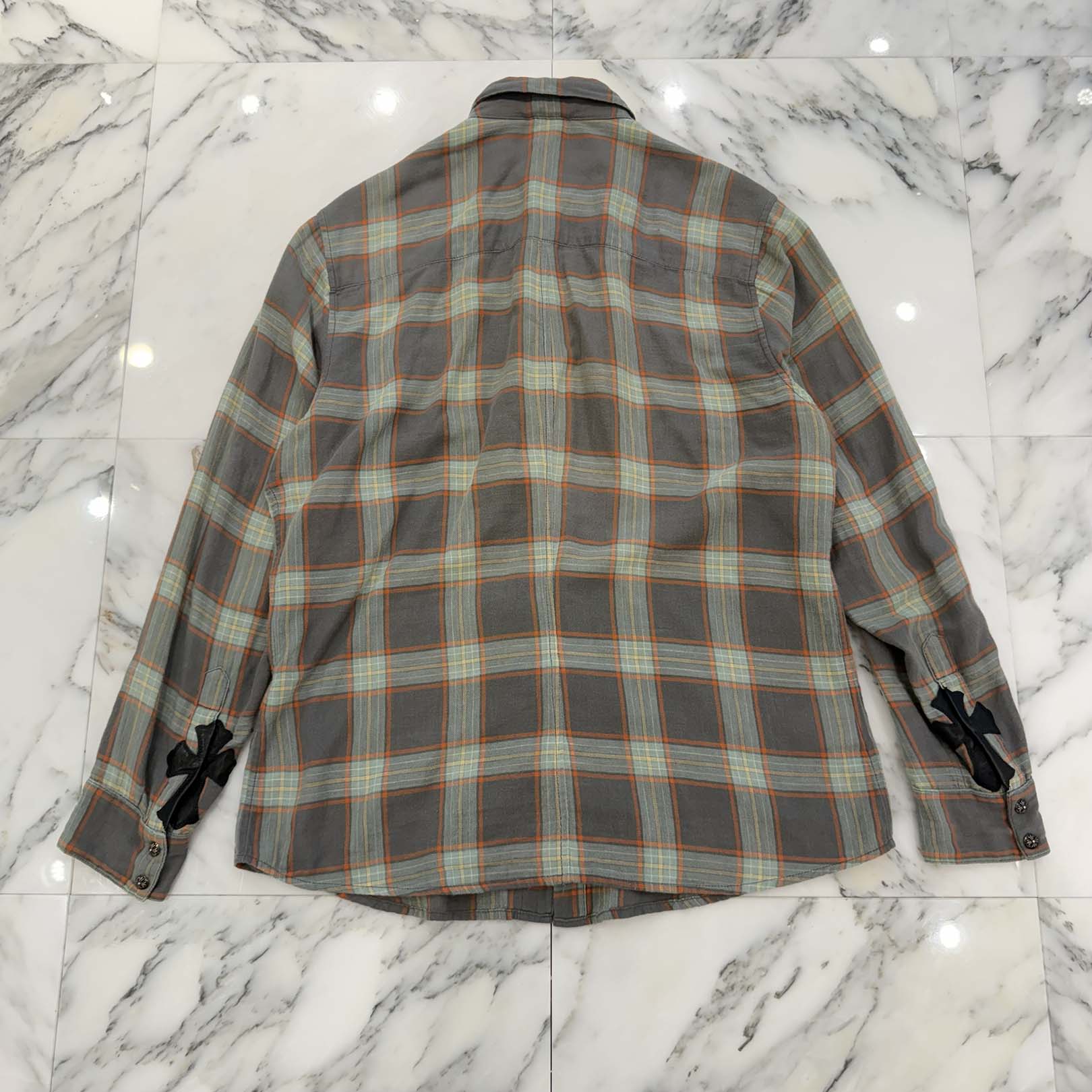 CHROME HEARTS Y NOT Loose Ends Cross Leather Patch Check Shirt Size L クロムハーツ ワイノット ルーズエンド レザークロスパッチ チェックシャツ サイズL