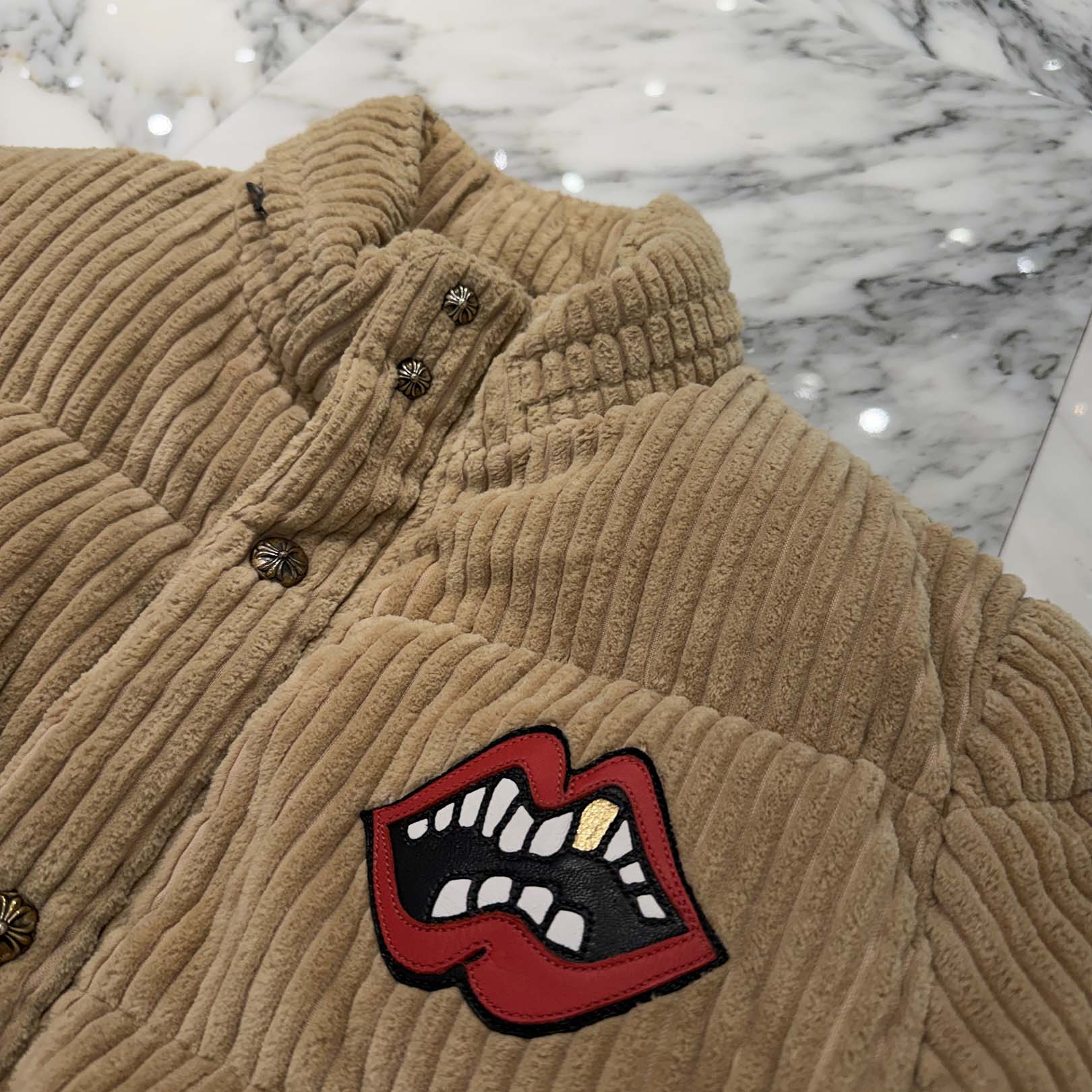 CHROME HEART × MATTY BOY Chomper Leather Patch Corduroy Puffer Jacket Size M クロムハーツ × マッティボーイ チョンパーレザーパッチ コーデュロイ パファージャケット サイズM