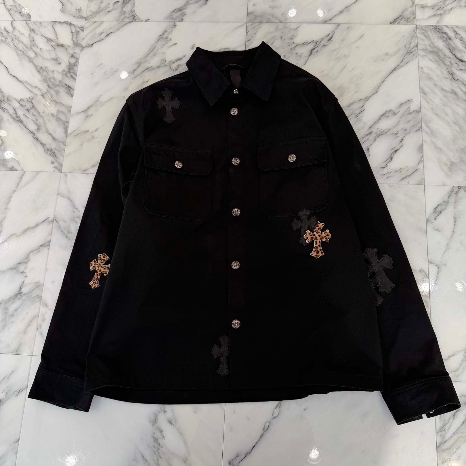 CHROME HEARTS Y NOT WORK DOG Leopard Harako Leather Cross Patch Shirt Jacket Size XL クロムハーツ ワイノット ワークドッグ レオパード ハラコ レザークロスパッチ シャツジャケット サイズXL