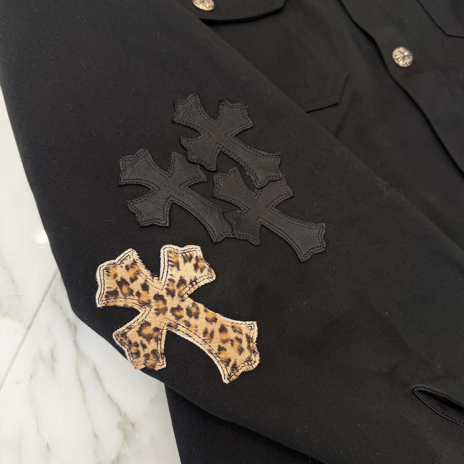 CHROME HEARTS Y NOT WORK DOG Leopard Harako Leather Cross Patch Shirt Jacket Size XL クロムハーツ ワイノット ワークドッグ レオパード ハラコ レザークロスパッチ シャツジャケット サイズXL