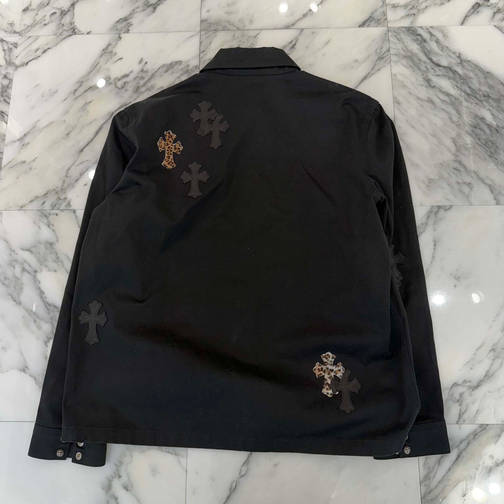 CHROME HEARTS Y NOT WORK DOG Leopard Harako Leather Cross Patch Shirt Jacket Size XL クロムハーツ ワイノット ワークドッグ レオパード ハラコ レザークロスパッチ シャツジャケット サイズXL