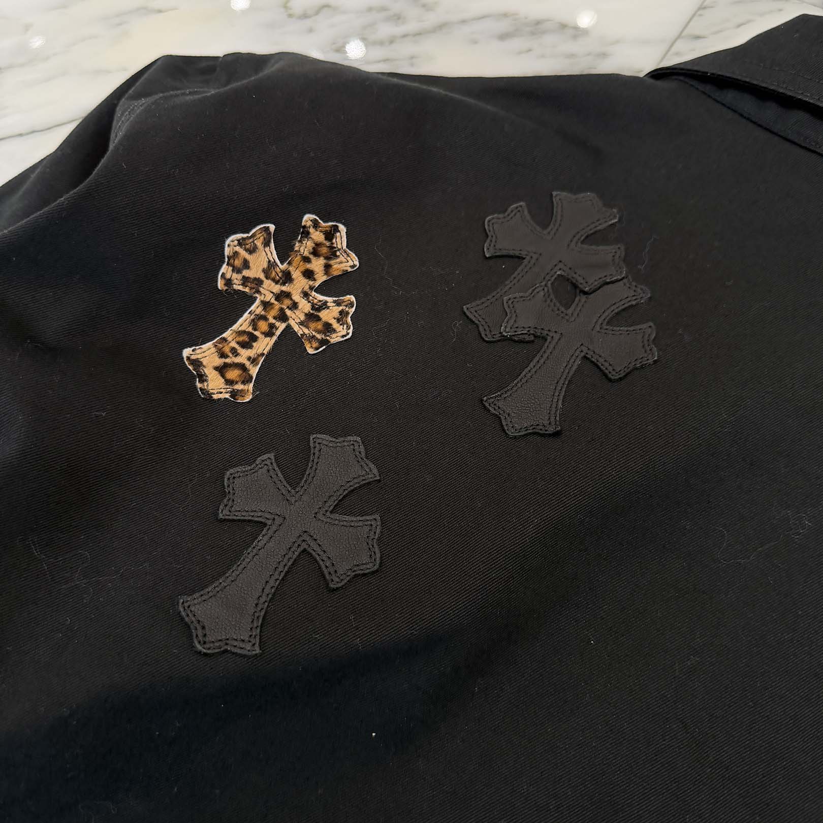 CHROME HEARTS Y NOT WORK DOG Leopard Harako Leather Cross Patch Shirt Jacket Size XL クロムハーツ ワイノット ワークドッグ レオパード ハラコ レザークロスパッチ シャツジャケット サイズXL
