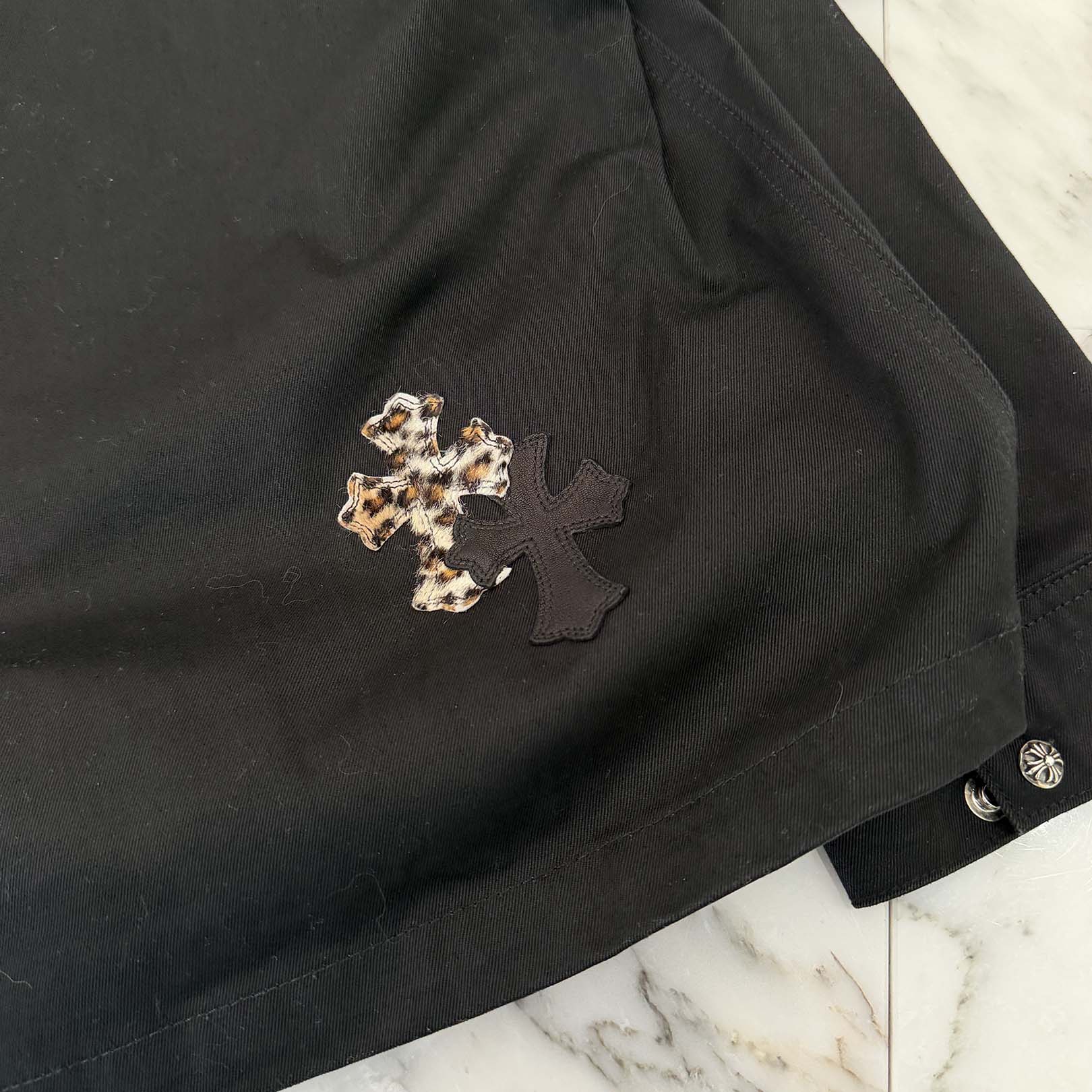 CHROME HEARTS Y NOT WORK DOG Leopard Harako Leather Cross Patch Shirt Jacket Size XL クロムハーツ ワイノット ワークドッグ レオパード ハラコ レザークロスパッチ シャツジャケット サイズXL