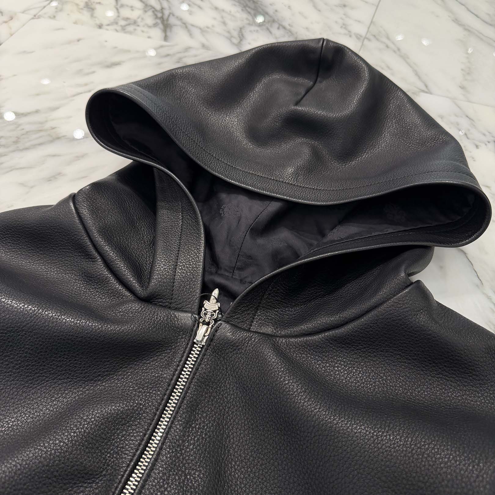 CHROME HEARTS Arm Logo Patch Leather Zip Up Hoodie Size XS クロムハーツ アームロゴパッチ レザー ジップ アップ フーディー サイズXS