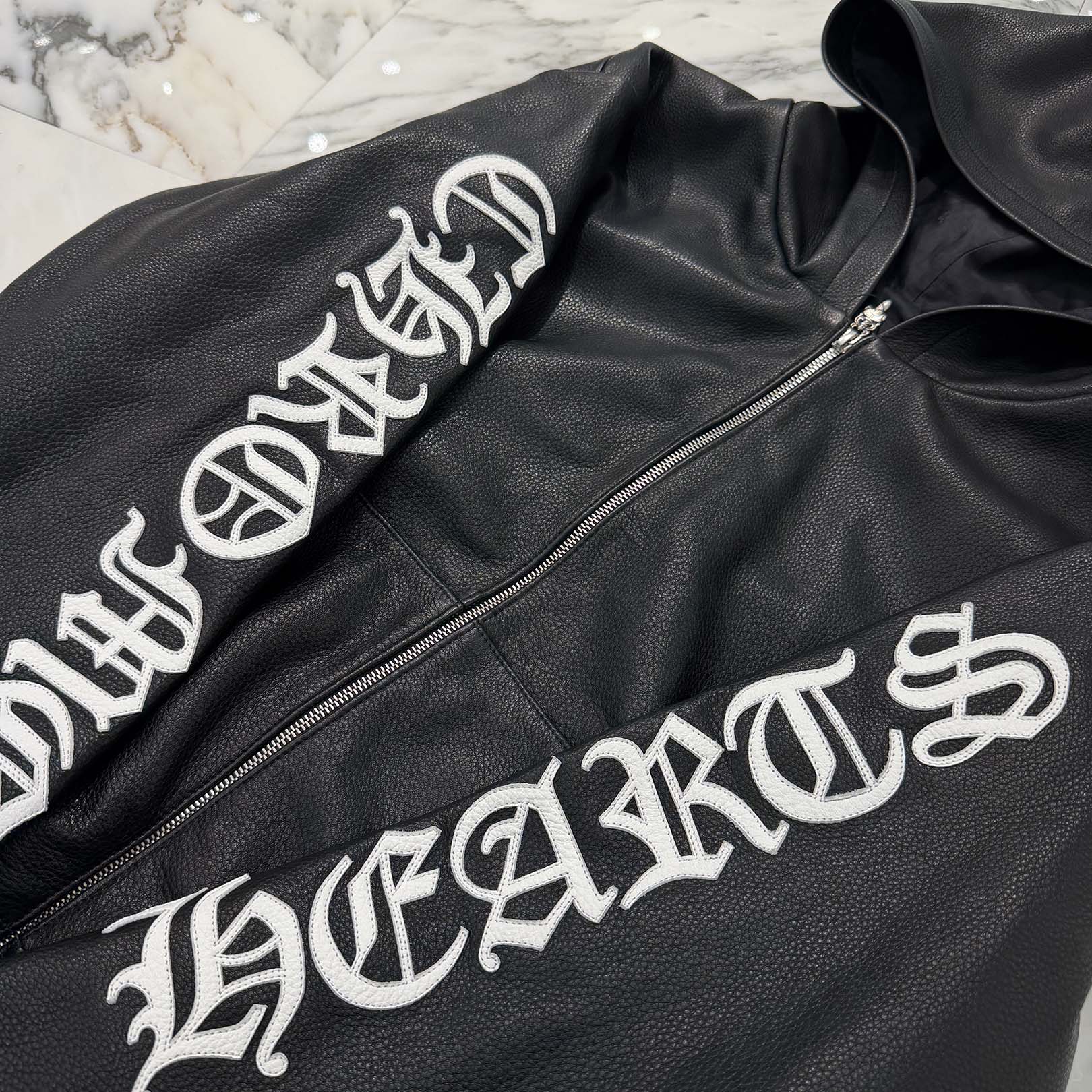 CHROME HEARTS Arm Logo Patch Leather Zip Up Hoodie Size XS クロムハーツ アームロゴパッチ レザー ジップ アップ フーディー サイズXS