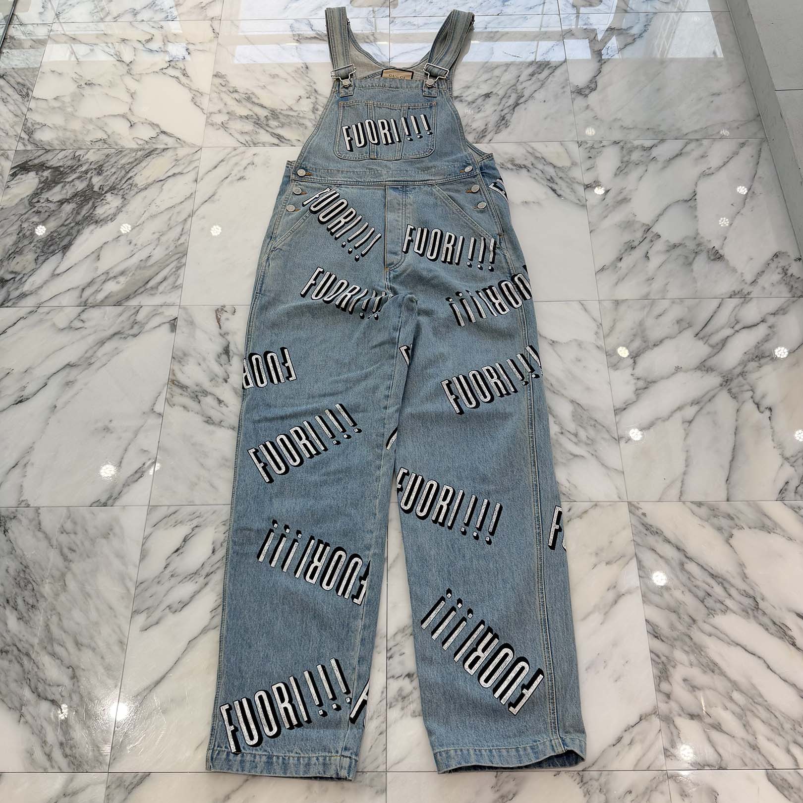 GUCCI 2023SS Cotton Denim Overall With Fuori Print "Light Blue" 742592 XDCFU Size 30 グッチ コットン デニム オーバーオール フォーリ プリント "ライトブルー" サイズ30