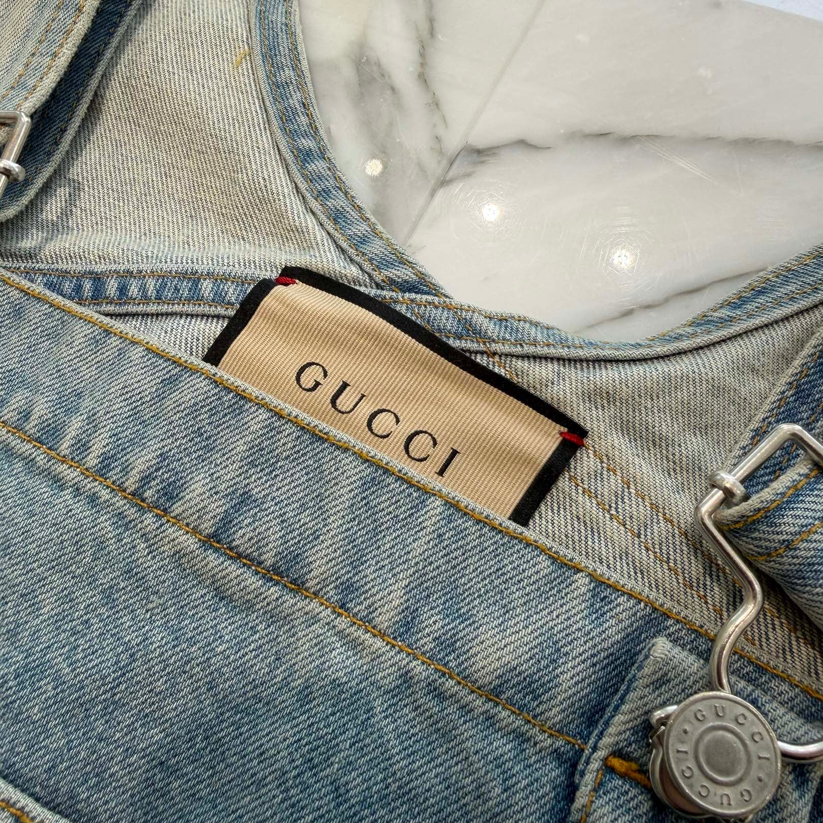 GUCCI 2023SS Cotton Denim Overall With Fuori Print "Light Blue" 742592 XDCFU Size 30 グッチ コットン デニム オーバーオール フォーリ プリント "ライトブルー" サイズ30
