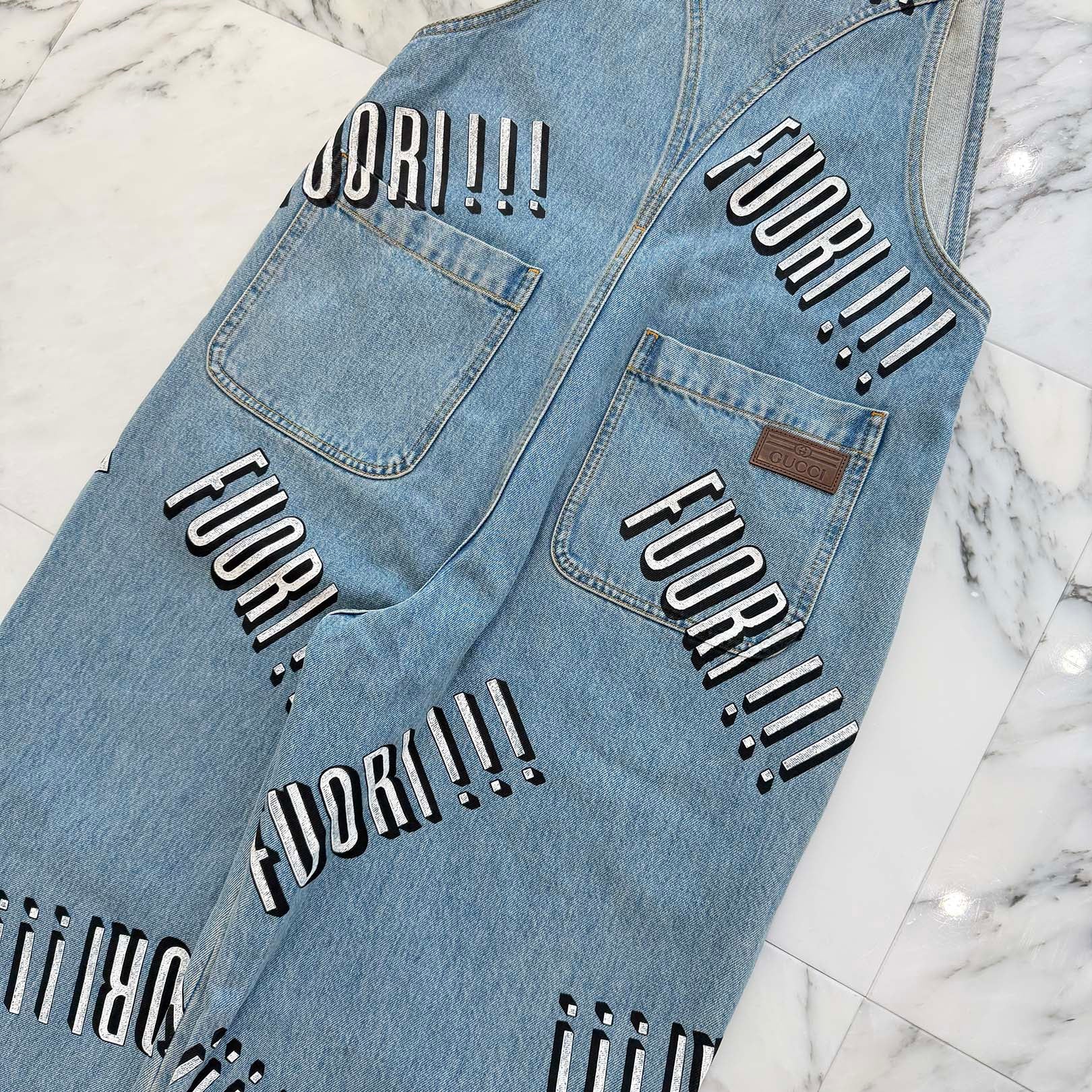 GUCCI 2023SS Cotton Denim Overall With Fuori Print "Light Blue" 742592 XDCFU Size 30 グッチ コットン デニム オーバーオール フォーリ プリント "ライトブルー" サイズ30