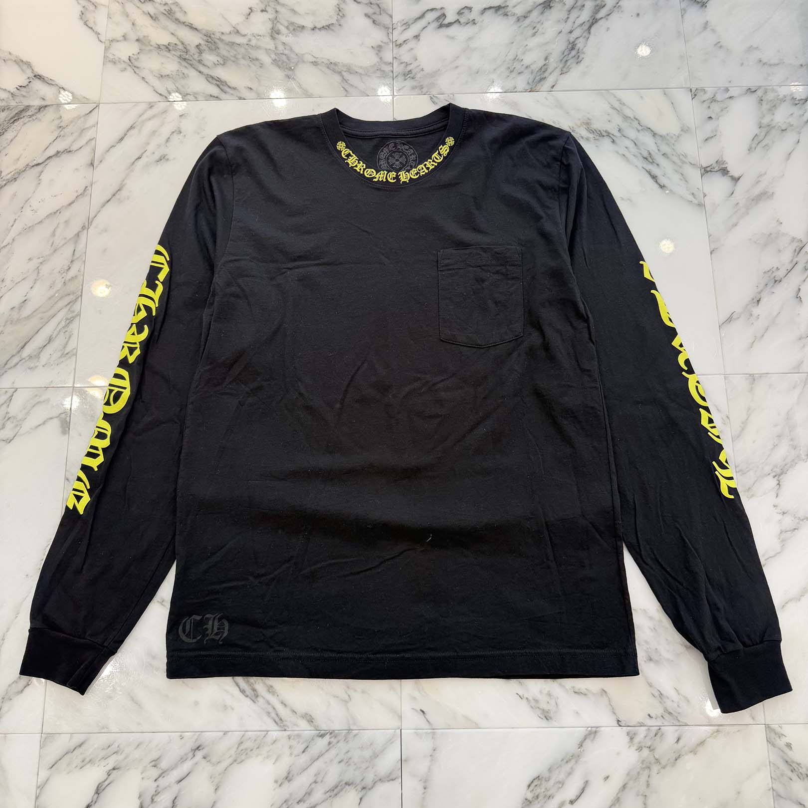 CHROME HEARTS Old English Neck Logo Neon Yellow Long Sleeve Tee Size L クロムハーツ オールドイングリッシュネックロゴネオンイエローロングスリーブTシャツ サイズL