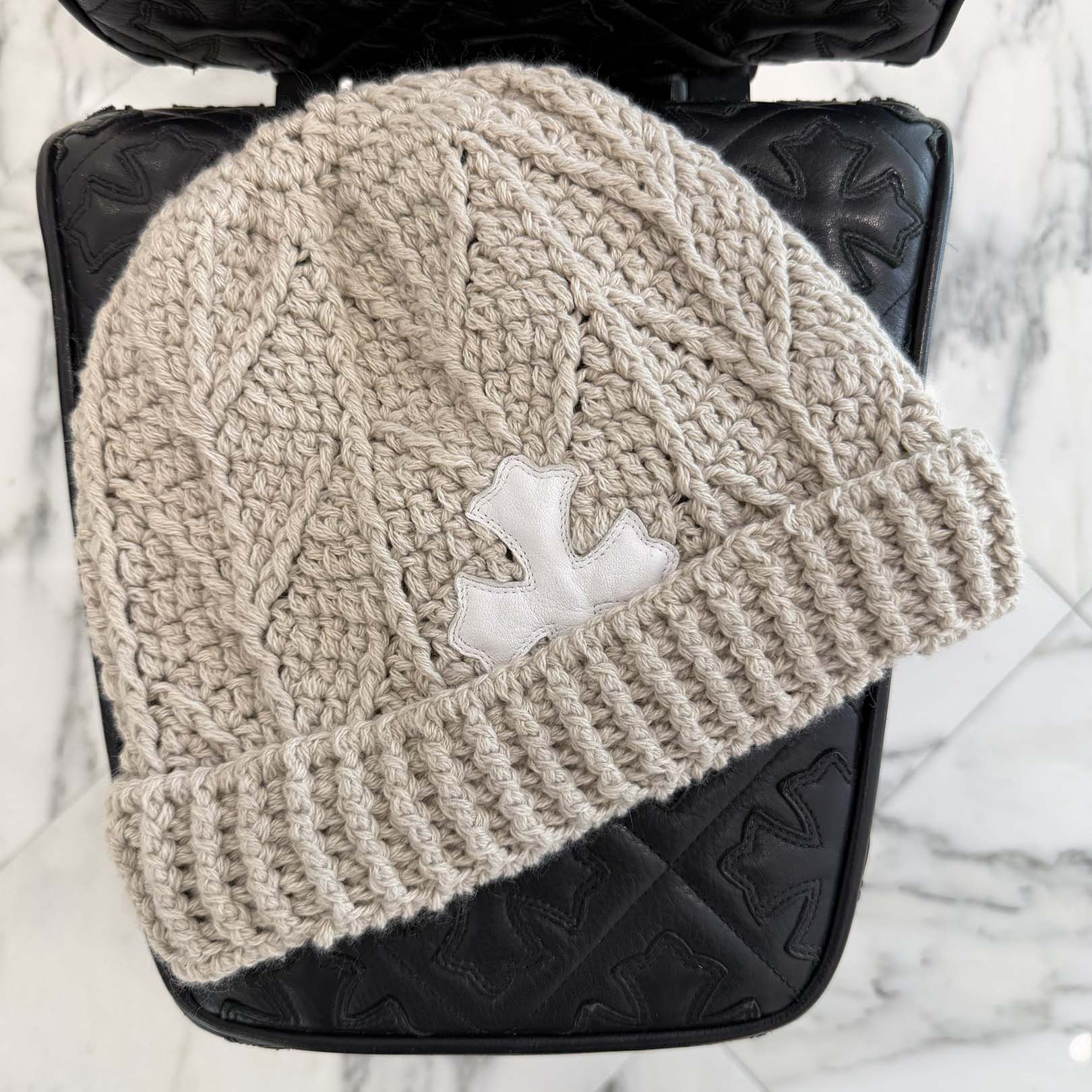 CHROME HEARTS Cross Leather Patch Cashmere Beanie Size ONE SIZE (26cm) クロムハーツ クロスレザーパッチ カシミヤ ビーニー サイズONE SIZE (26cm)