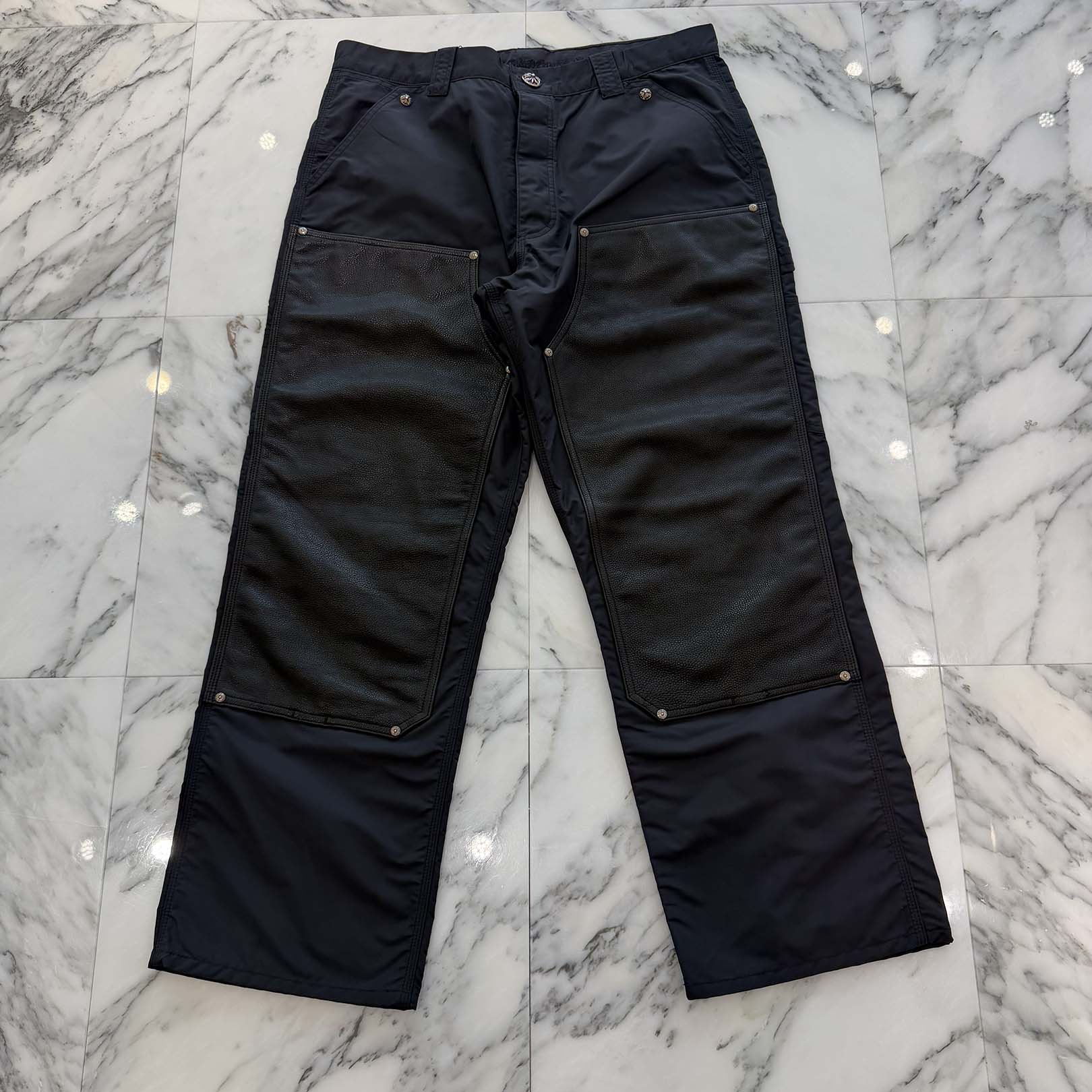 CHROME HEARTS Carpenter Leather Cross Patch Nylon Leather Work Pants Size 36 クロムハーツ カーペンター レザークロスパッチ ナイロン レザー 切替 ワークパンツ サイズ36