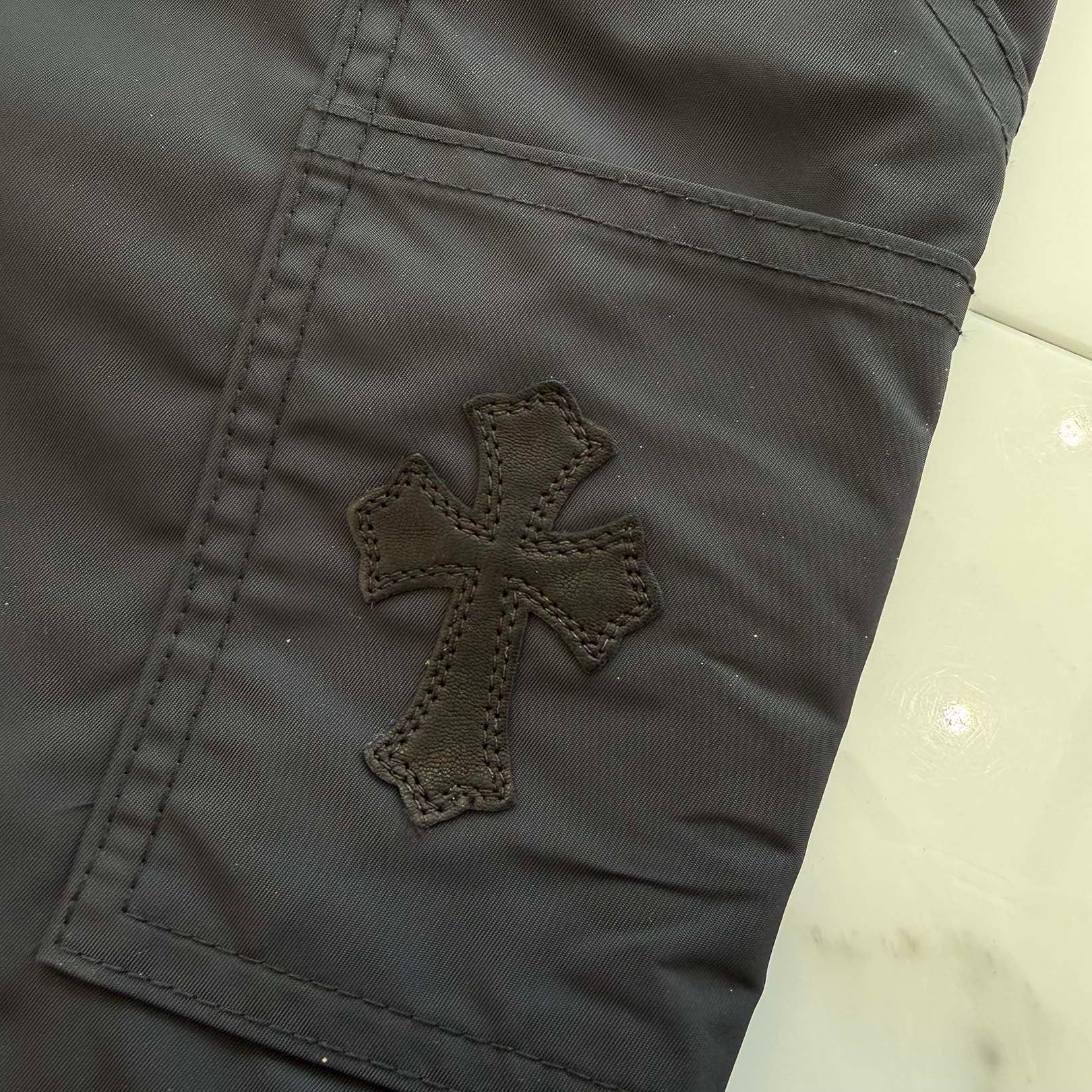 CHROME HEARTS Carpenter Leather Cross Patch Nylon Leather Work Pants Size 36 クロムハーツ カーペンター レザークロスパッチ ナイロン レザー 切替 ワークパンツ サイズ36