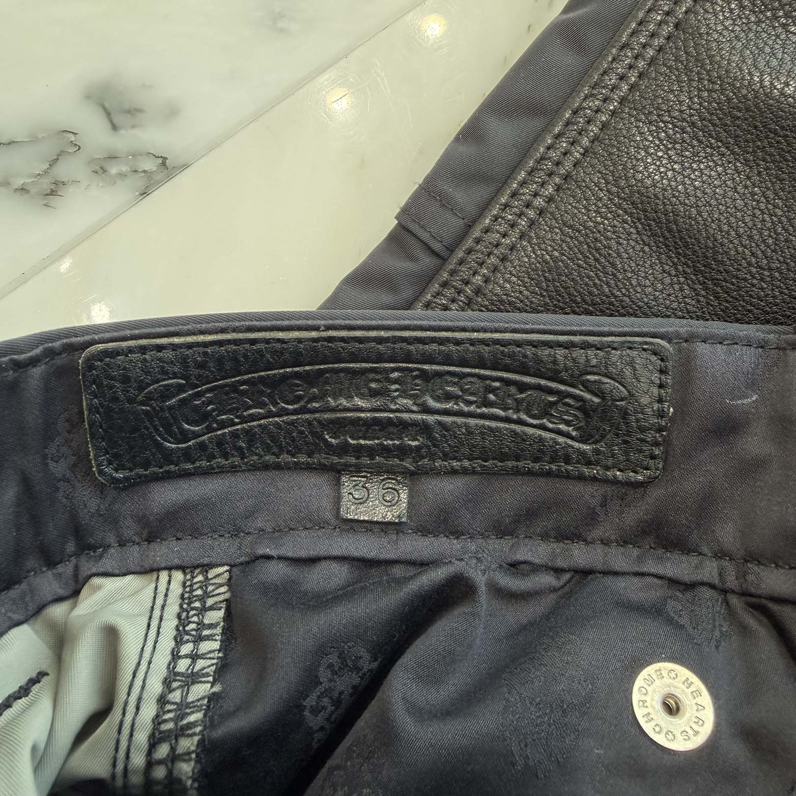 CHROME HEARTS Carpenter Leather Cross Patch Nylon Leather Work Pants Size 36 クロムハーツ カーペンター レザークロスパッチ ナイロン レザー 切替 ワークパンツ サイズ36