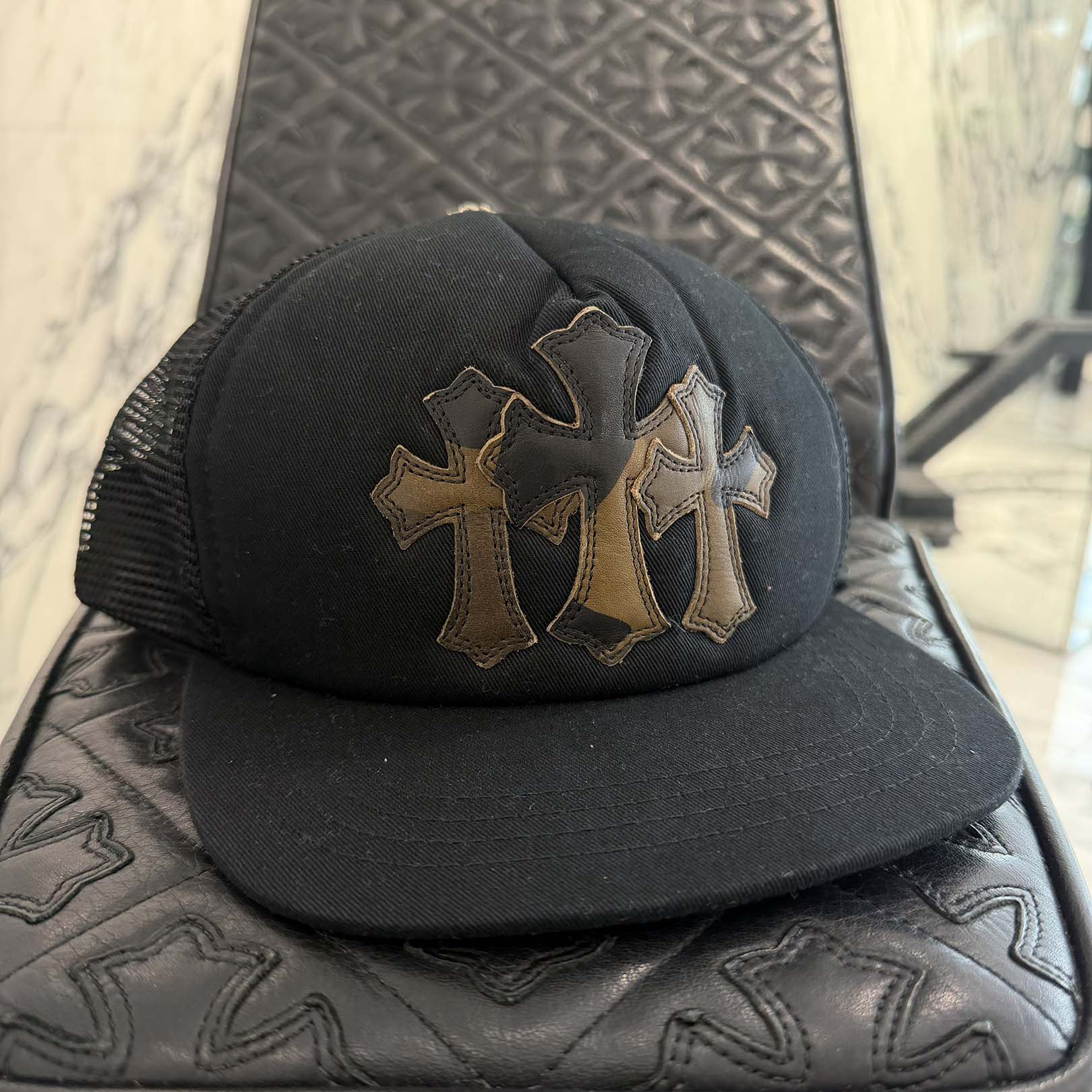CHROME HEARTS Camo Triple Cross Leather Patch Trucker Cap ONE SIZE
