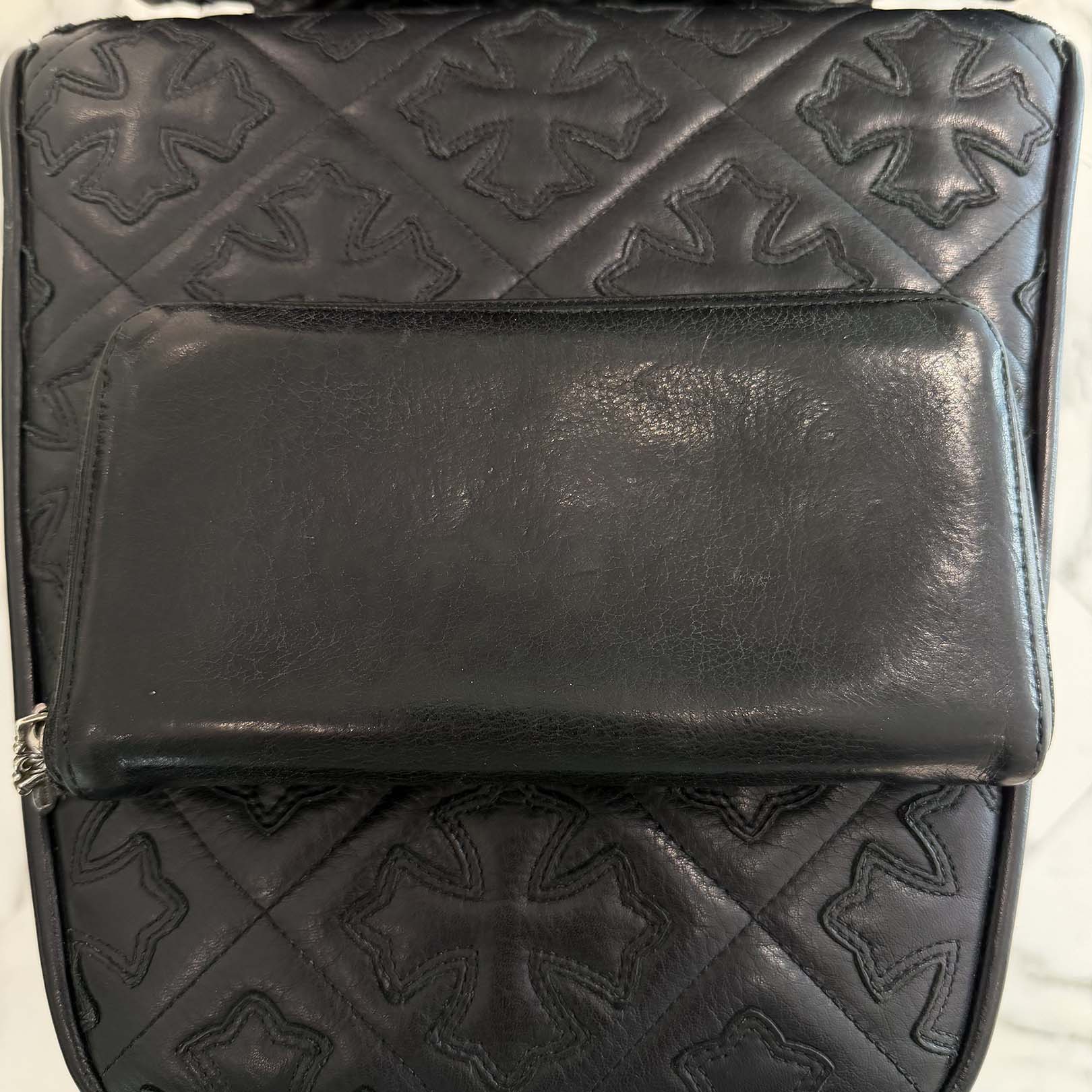 CHROME HEARTS 3 Cemetery Leather Cross Patch REC F Zip Wallet
