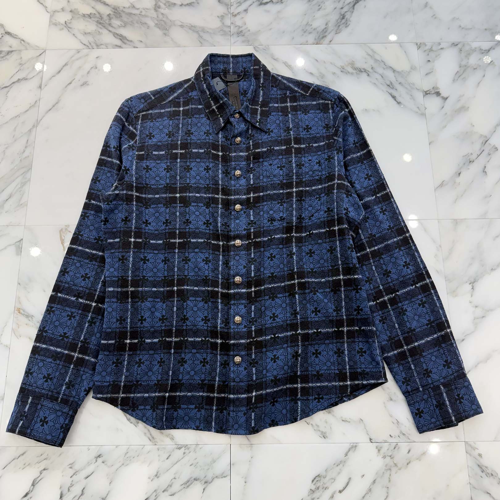 CHROME HEARTS Loose Ends Cross Leather Patch Check Shirt Size M クロムハーツ ルーズエンド クロスレザーパッチ チェック シャツ サイズM