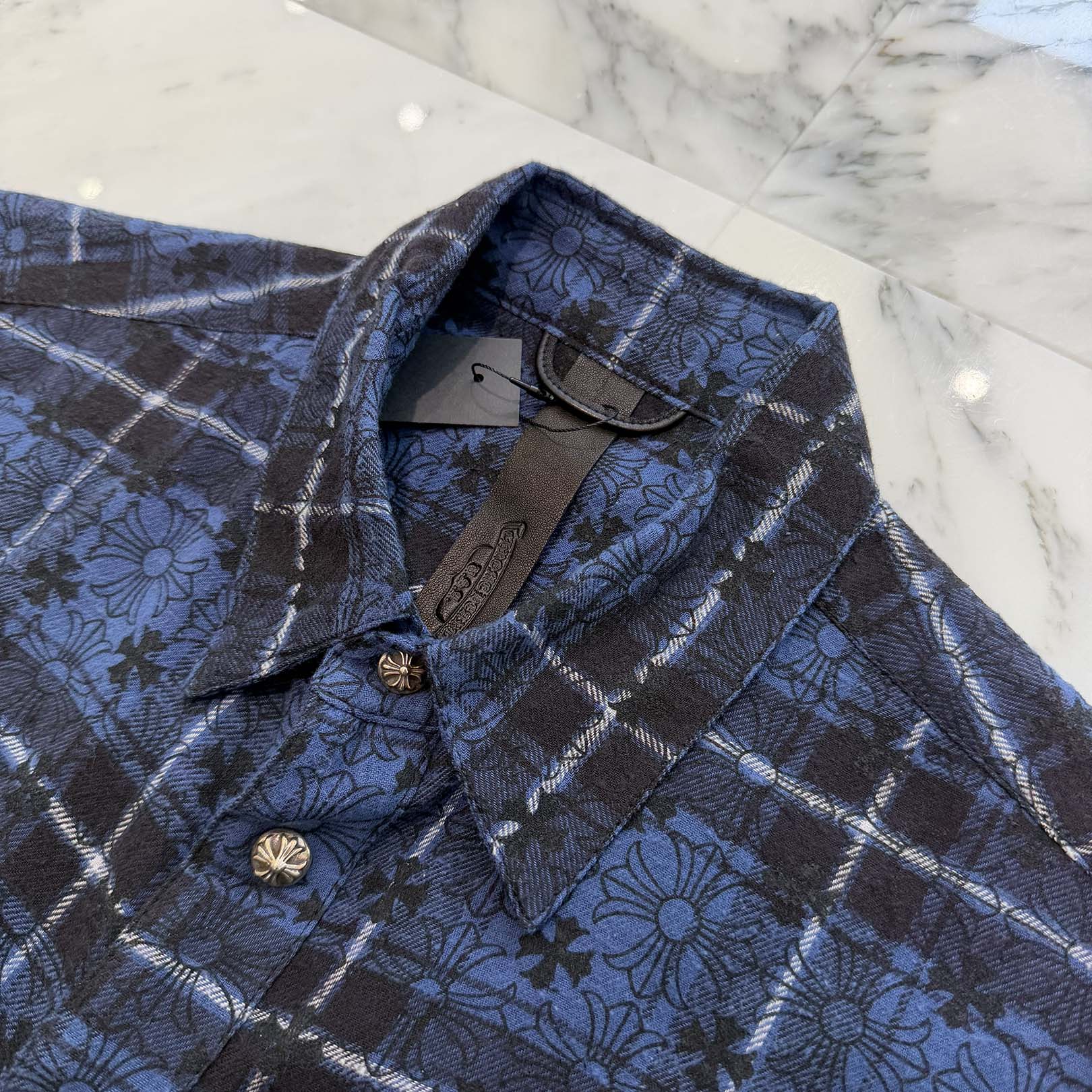 CHROME HEARTS Loose Ends Cross Leather Patch Check Shirt Size M クロムハーツ ルーズエンド クロスレザーパッチ チェック シャツ サイズM
