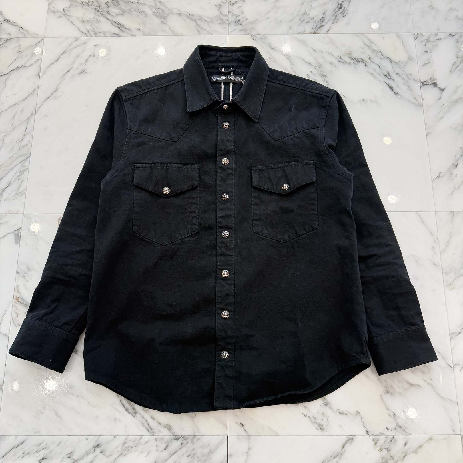 CHROME HEARTS Leather Cross Patch Denim Western Shirt Size M