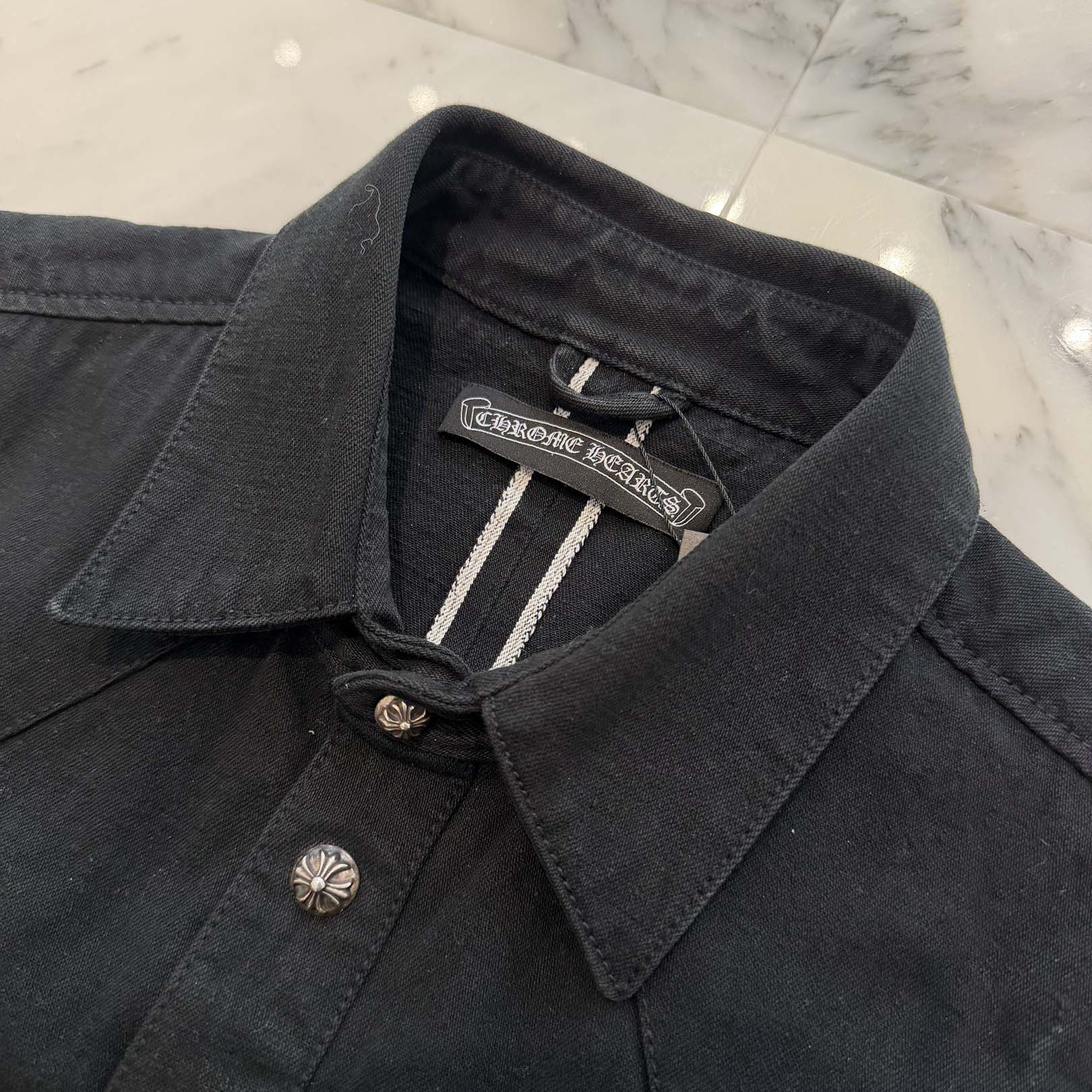 CHROME HEARTS Leather Cross Patch Denim Western Shirt Size M クロムハーツ クロスレザーパッチ デニムウェスタンシャツ サイズM