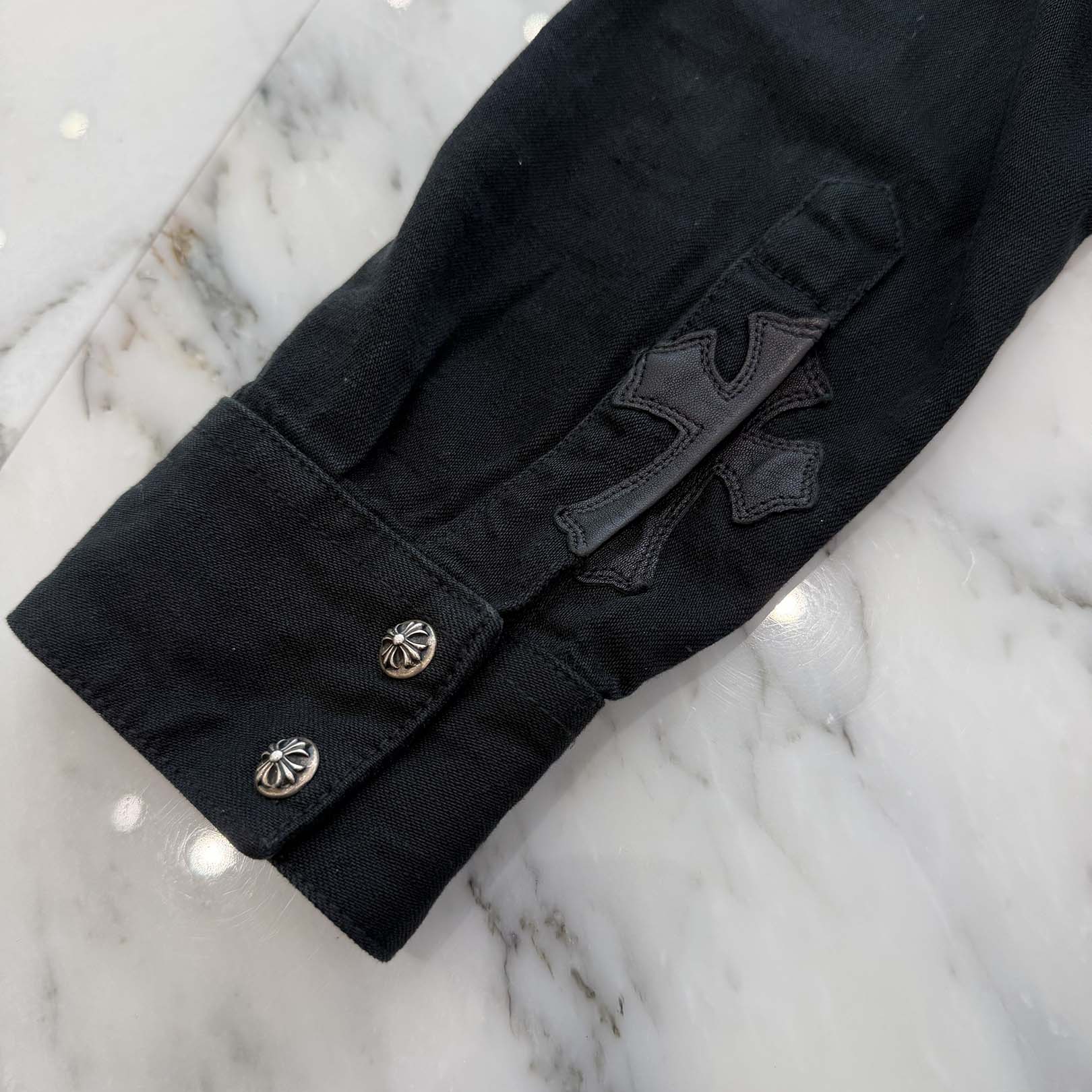 CHROME HEARTS Leather Cross Patch Denim Western Shirt Size M クロムハーツ クロスレザーパッチ デニムウェスタンシャツ サイズM