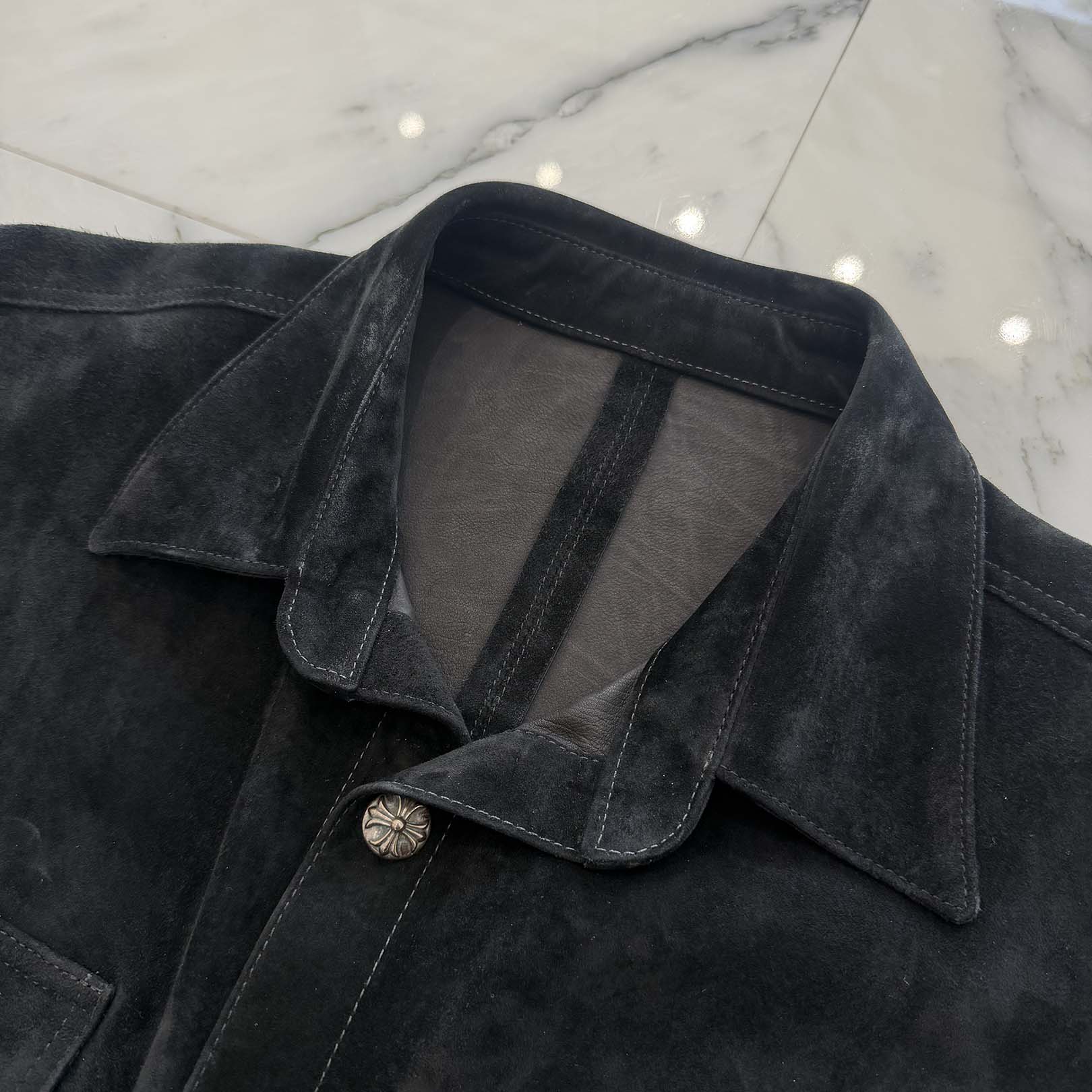 CHROME HEARTS Cross Ball Button Suede Leather Short Sleeve Shirt Size L クロムハーツ クロスボールボタン スウェード レザー ショートスリーブTシャツ サイズL
