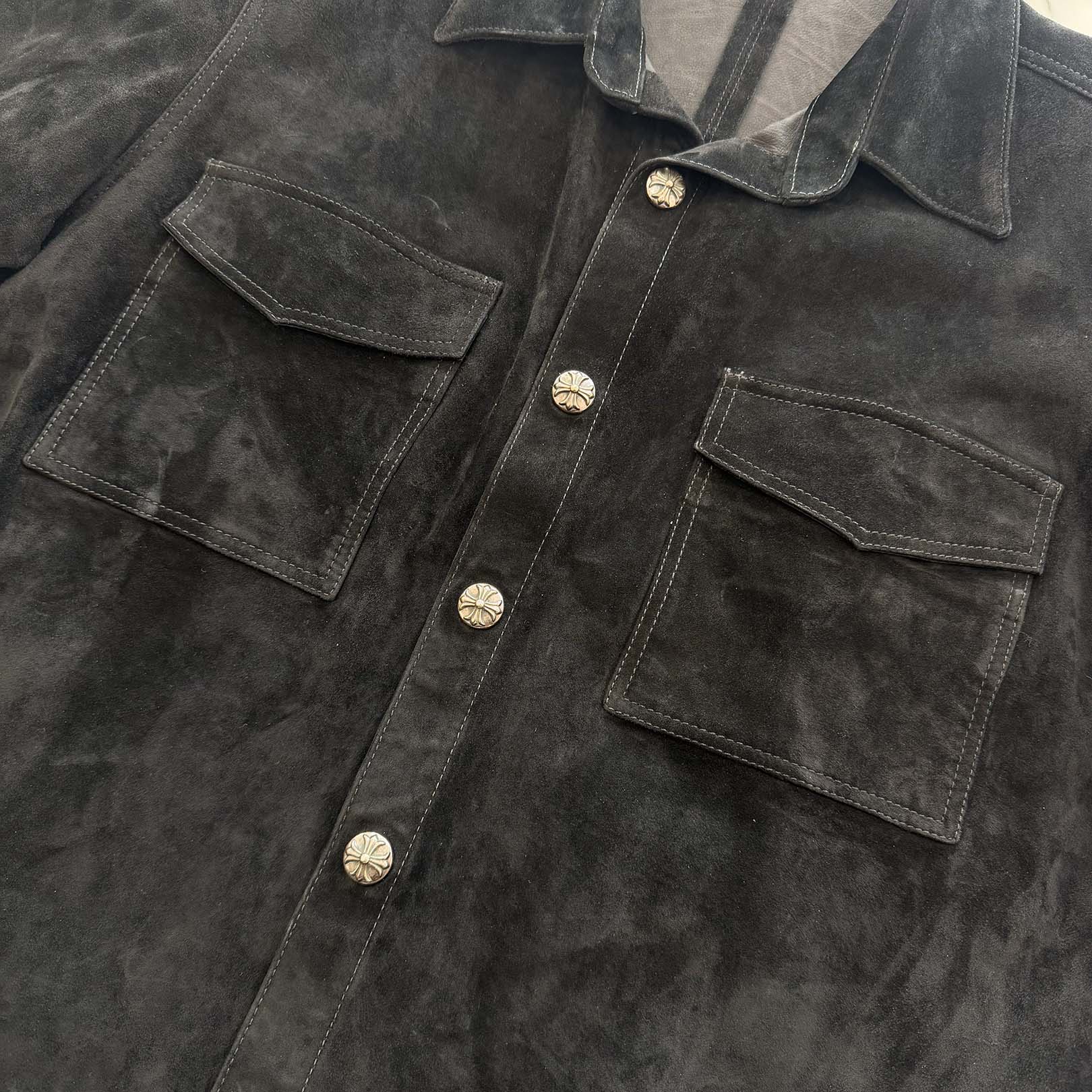CHROME HEARTS Cross Ball Button Suede Leather Short Sleeve Shirt Size L クロムハーツ クロスボールボタン スウェード レザー ショートスリーブTシャツ サイズL
