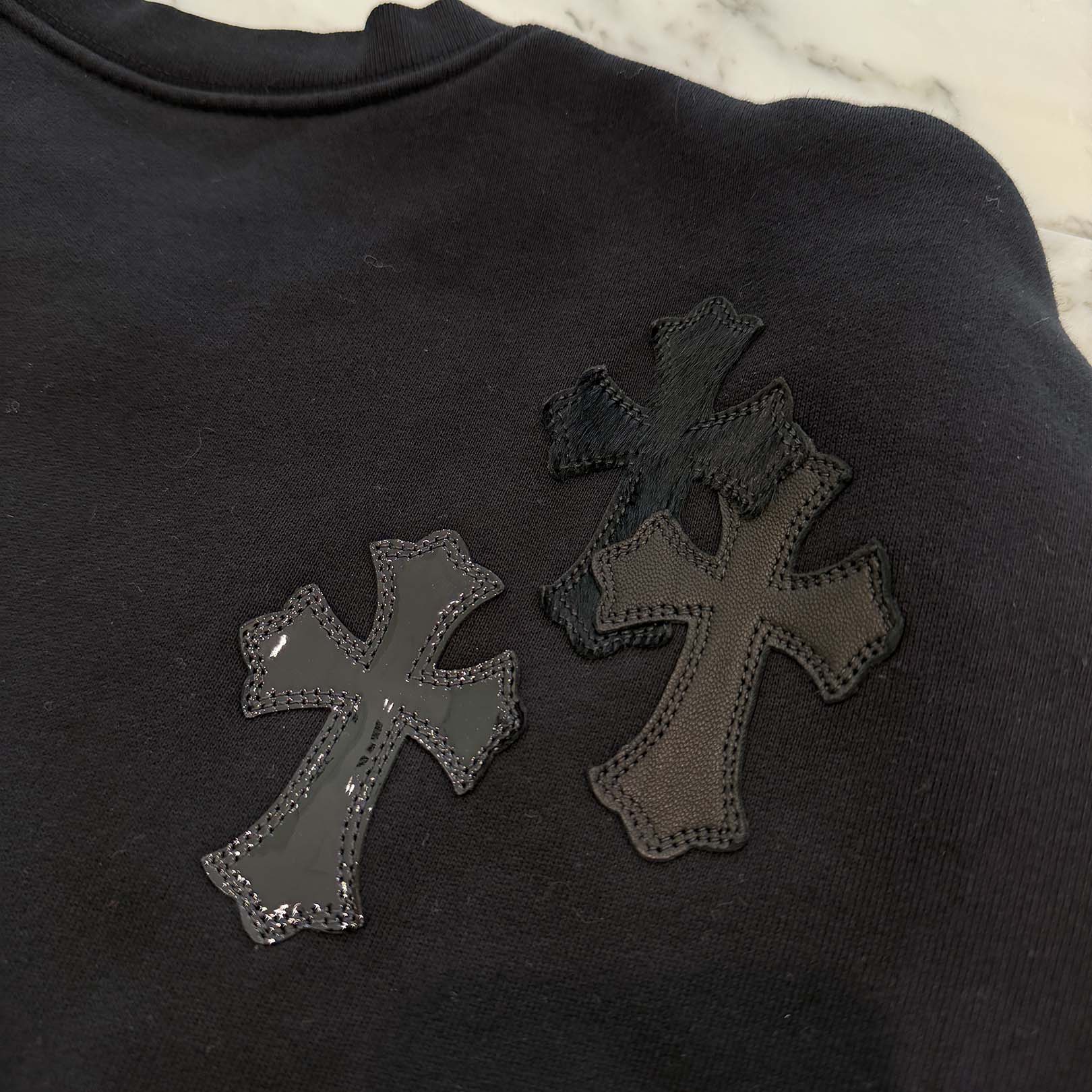 CHROME HEARTS Y NOT Multi Leather Cross Patch Sweatshirt Size S クロムハーツ ワイノット マルチレザークロスパッチ スウェットシャツ サイズS