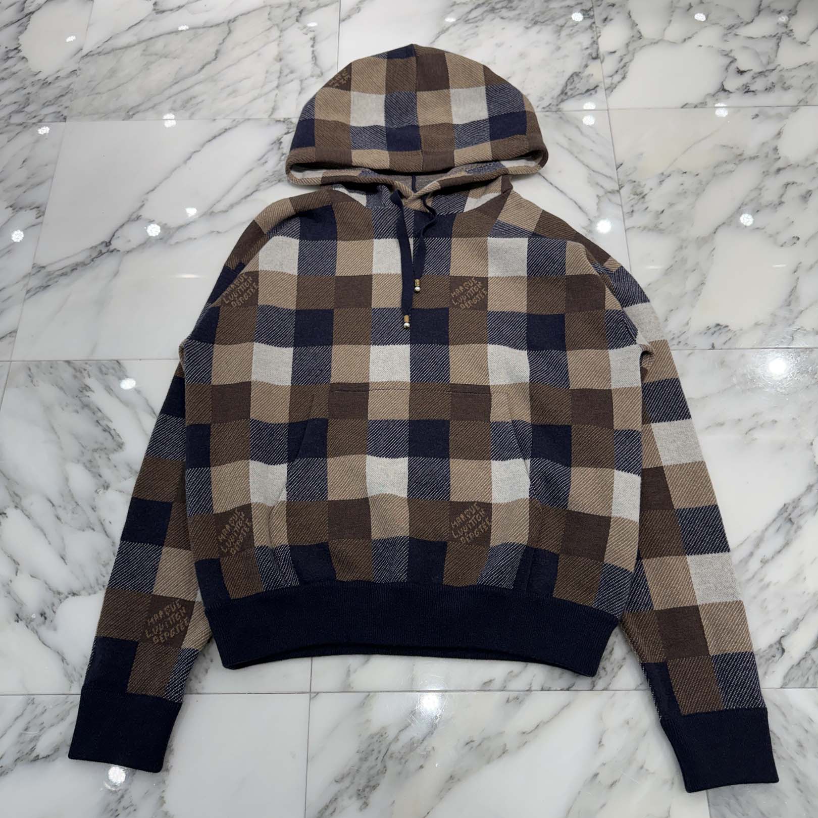 LOUIS VUITTON 2024AW Damier Cashmere Wool Blend Pullover Hoodie HRN78W Size S ルイヴィトン ダミエ カシミヤ ウールブレンドプルオーバーフーディ サイズS