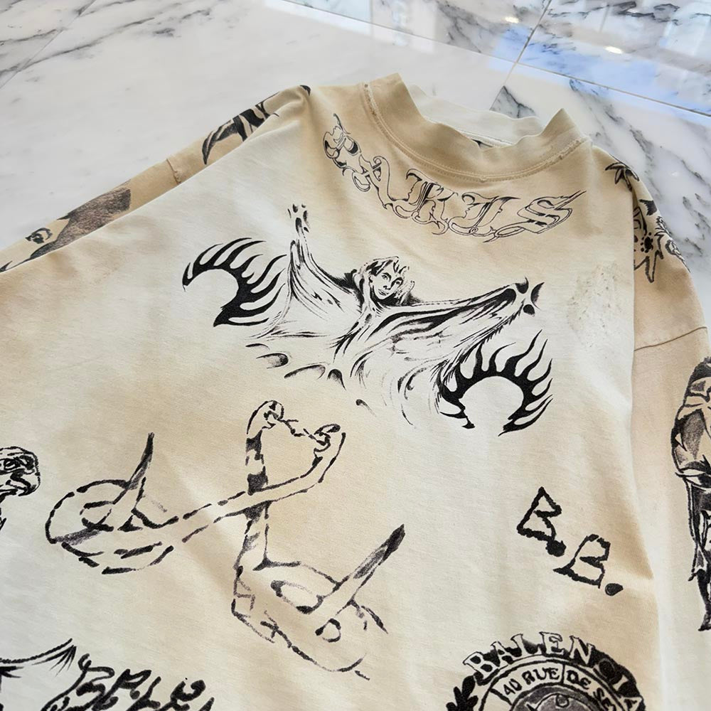 BALENCIAGA 2024SS Tattoo Distressed Graphic Long Sleeve Tee 790365
