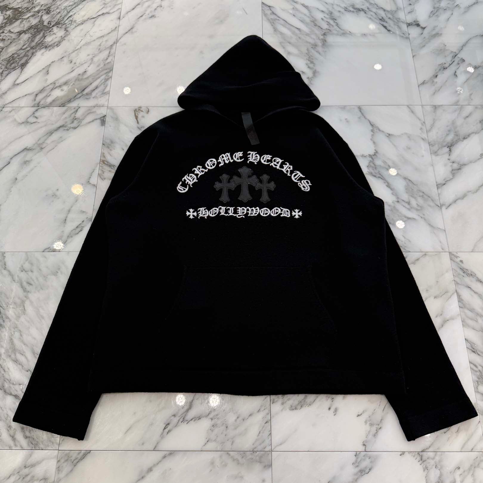 CHROME HEARTS Y NOT King Taco 3 Cemetery Cross Leather Patch Cashmere Knit Pullover Hoodie Size L クロムハーツ ワイノット キングタコ 3セメタリークロス レザークロスパッチ カシミヤ ニット プルオーバーフーディー サイズL