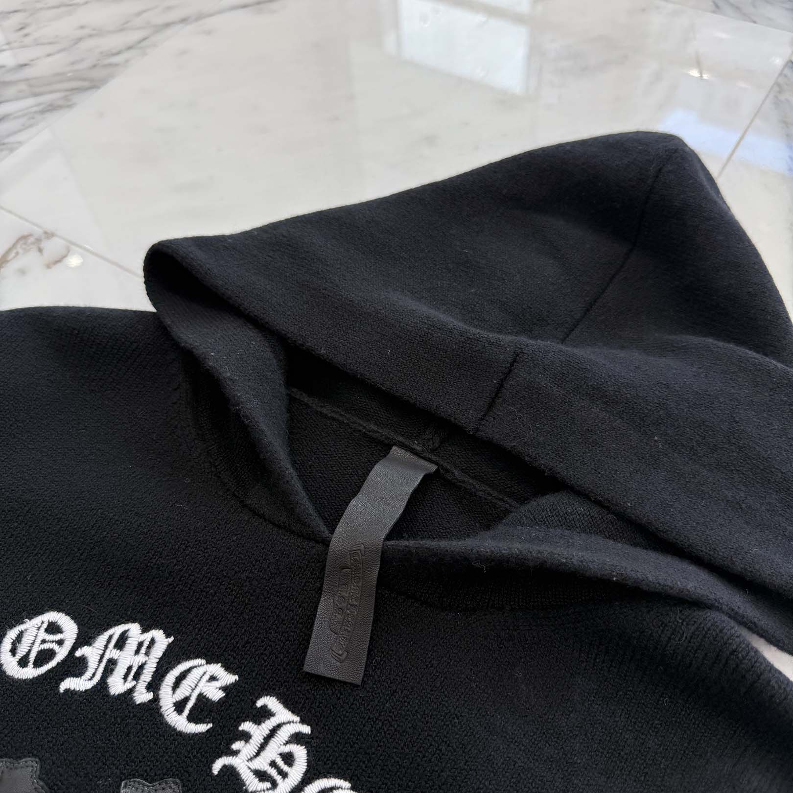 CHROME HEARTS Y NOT King Taco 3 Cemetery Cross Leather Patch Cashmere Knit Pullover Hoodie Size L クロムハーツ ワイノット キングタコ 3セメタリークロス レザークロスパッチ カシミヤ ニット プルオーバーフーディー サイズL
