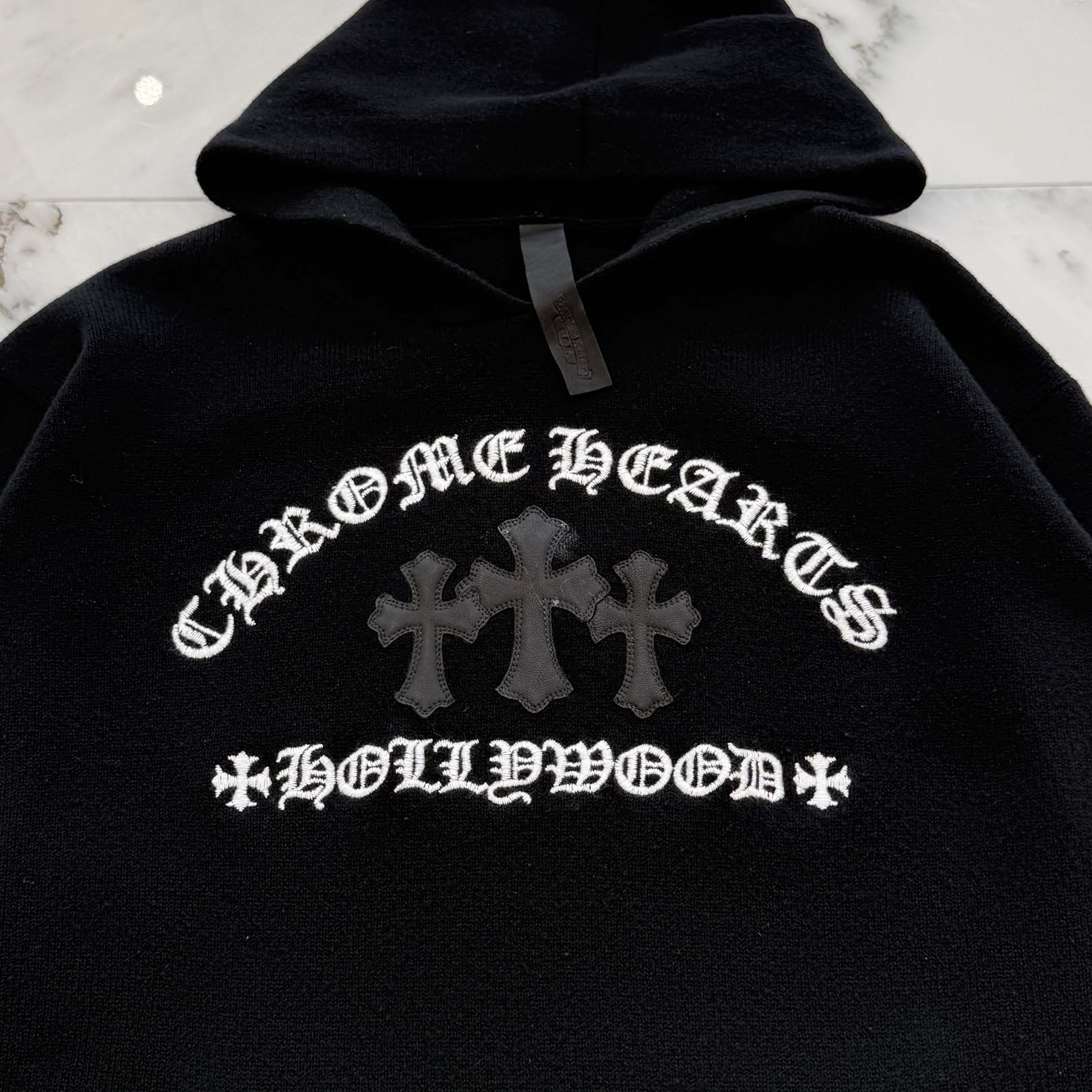 CHROME HEARTS Y NOT King Taco 3 Cemetery Cross Leather Patch Cashmere Knit Pullover Hoodie Size L クロムハーツ ワイノット キングタコ 3セメタリークロス レザークロスパッチ カシミヤ ニット プルオーバーフーディー サイズL
