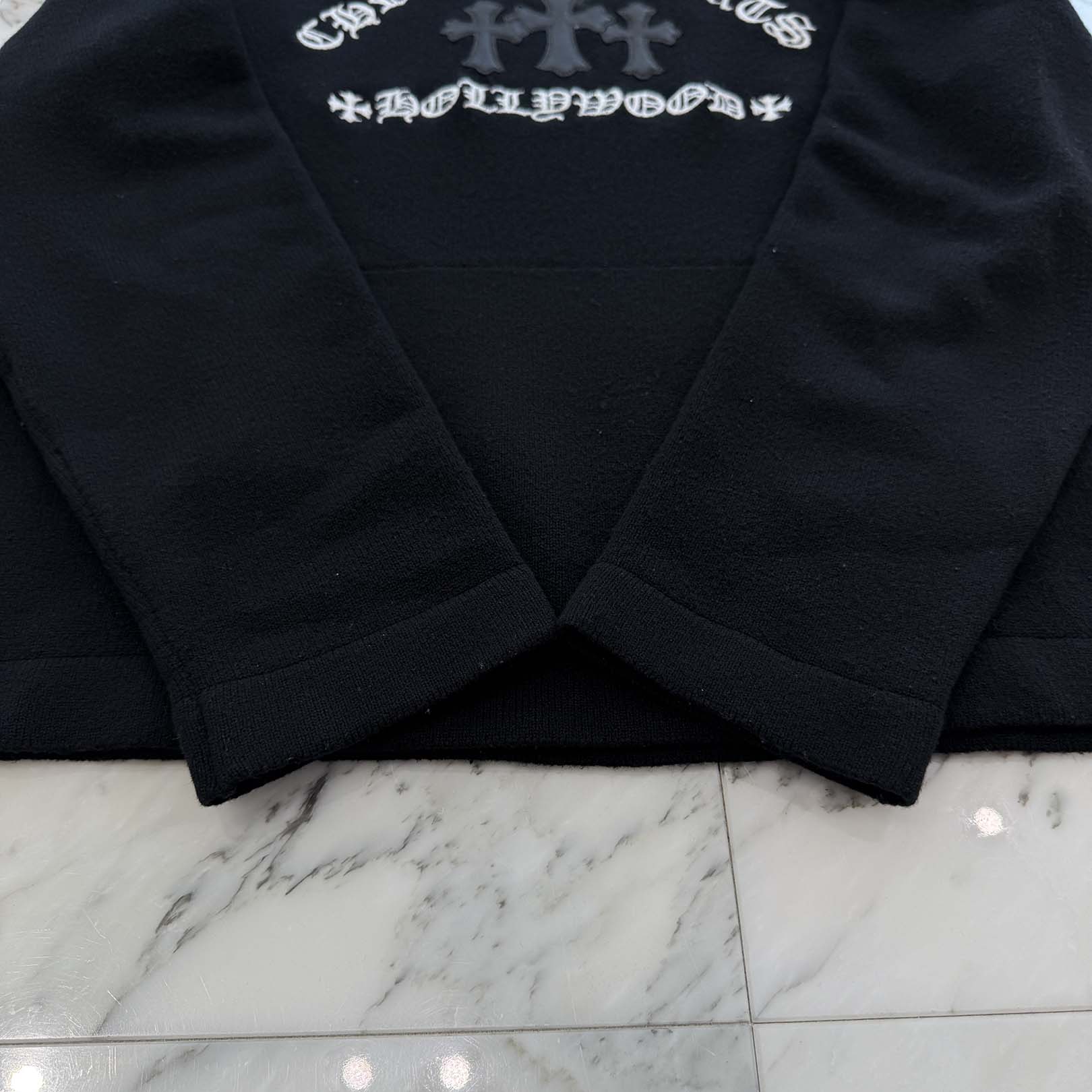 CHROME HEARTS Y NOT King Taco 3 Cemetery Cross Leather Patch Cashmere Knit Pullover Hoodie Size L クロムハーツ ワイノット キングタコ 3セメタリークロス レザークロスパッチ カシミヤ ニット プルオーバーフーディー サイズL