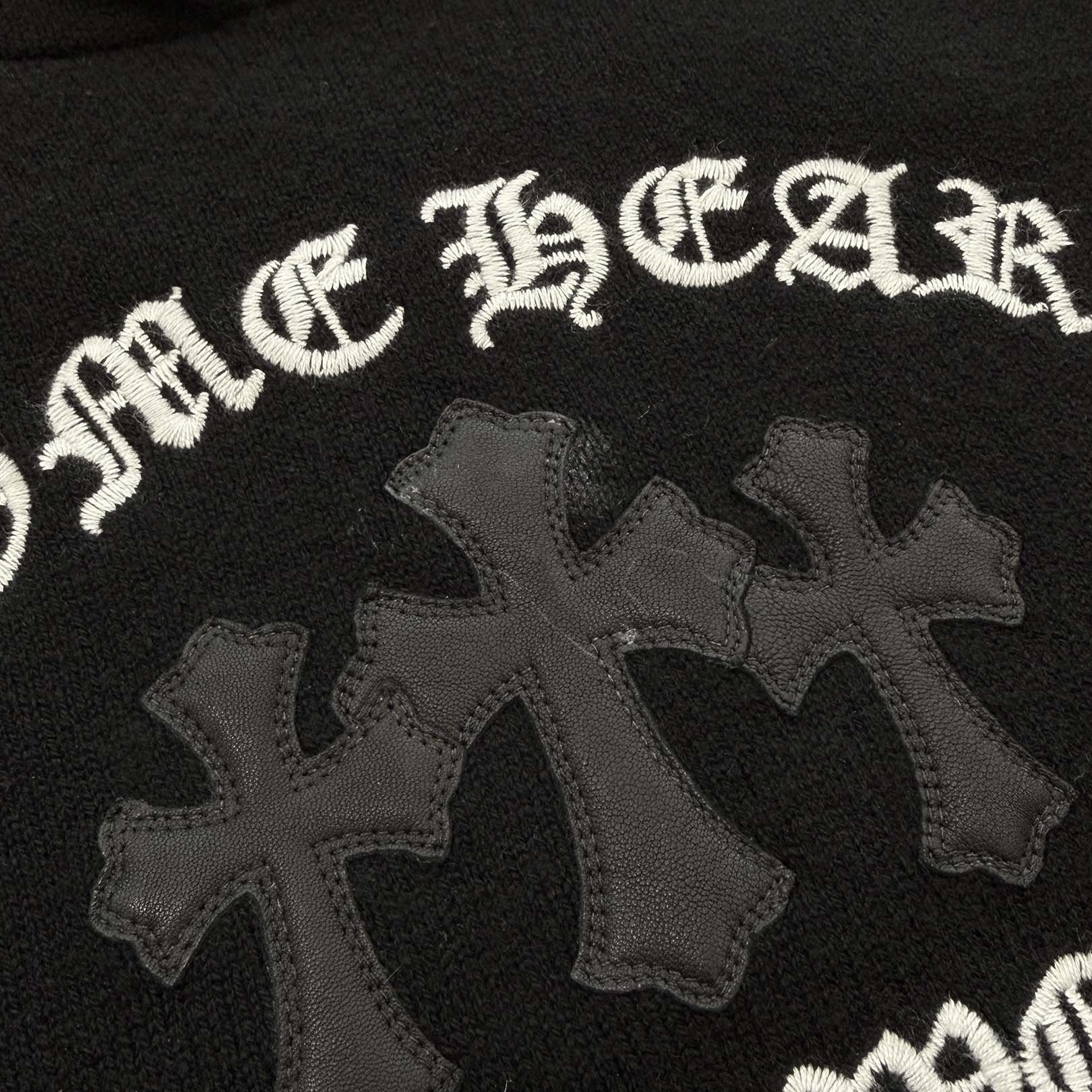 CHROME HEARTS Y NOT King Taco 3 Cemetery Cross Leather Patch Cashmere Knit Pullover Hoodie Size L クロムハーツ ワイノット キングタコ 3セメタリークロス レザークロスパッチ カシミヤ ニット プルオーバーフーディー サイズL
