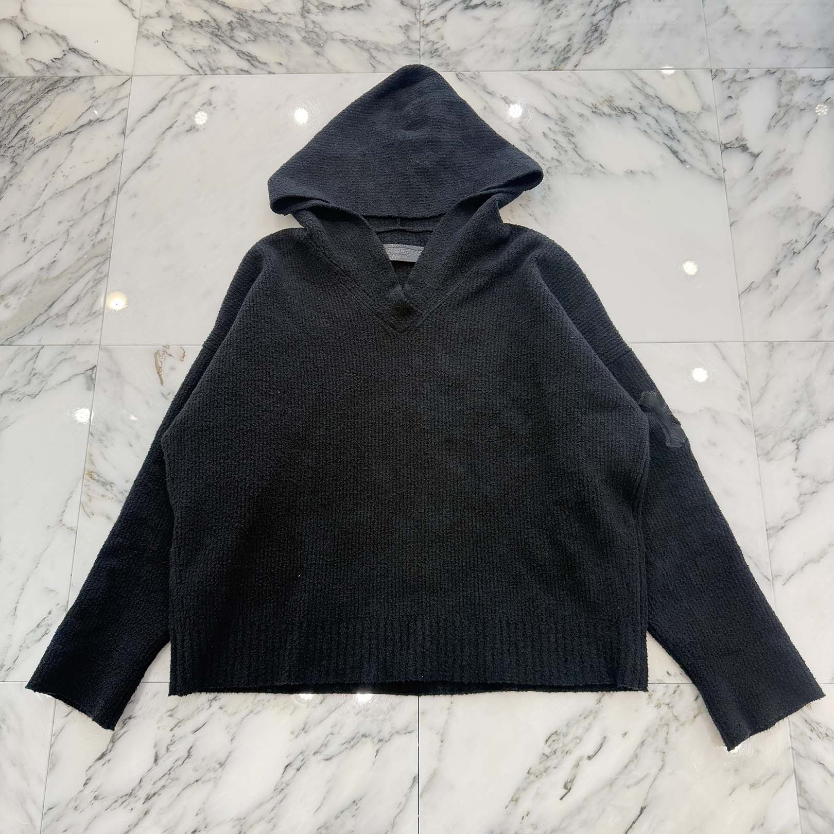 CHROME HEARTS Y NOT Harako Leather Cross Patch Knit Pullover Hoodie Size XSM/SML クロムハーツ ワイノット ハラコレザー クロスパッチ ニット プルオーバーフーディー サイズXSM/SML