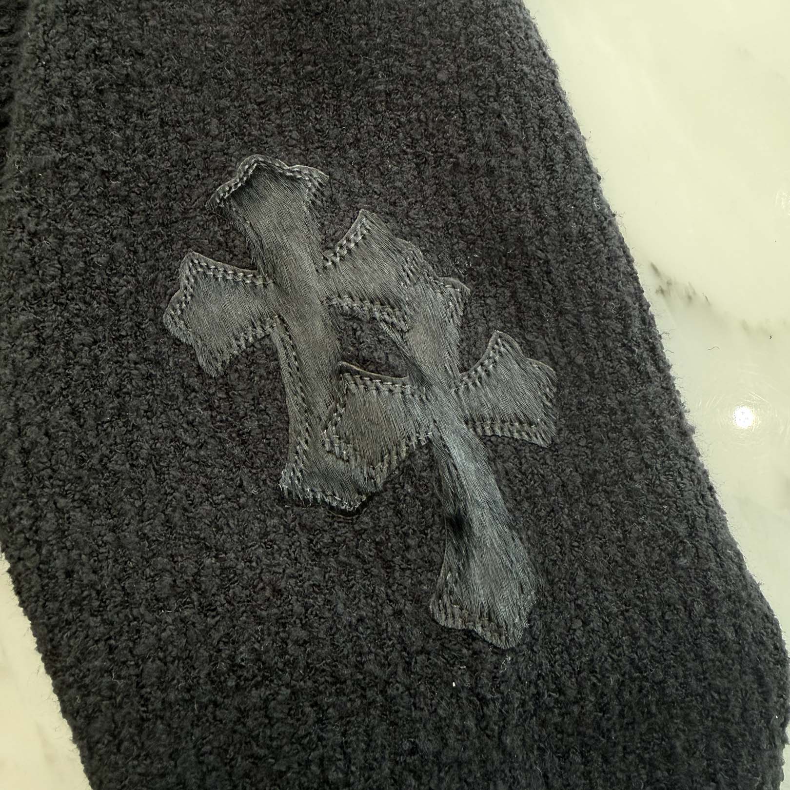 CHROME HEARTS Y NOT Harako Leather Cross Patch Knit Pullover Hoodie Size XSM/SML クロムハーツ ワイノット ハラコレザー クロスパッチ ニット プルオーバーフーディー サイズXSM/SML