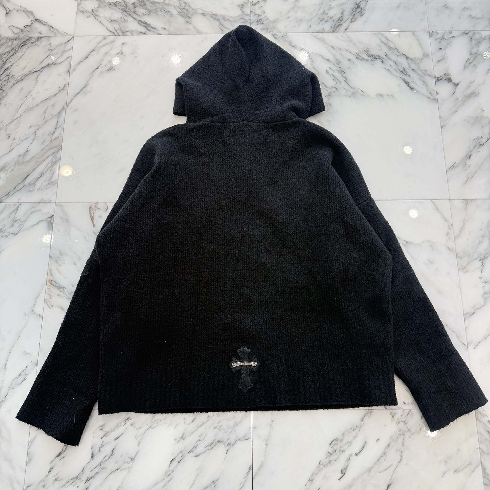 CHROME HEARTS Y NOT Harako Leather Cross Patch Knit Pullover Hoodie Size XSM/SML クロムハーツ ワイノット ハラコレザー クロスパッチ ニット プルオーバーフーディー サイズXSM/SML