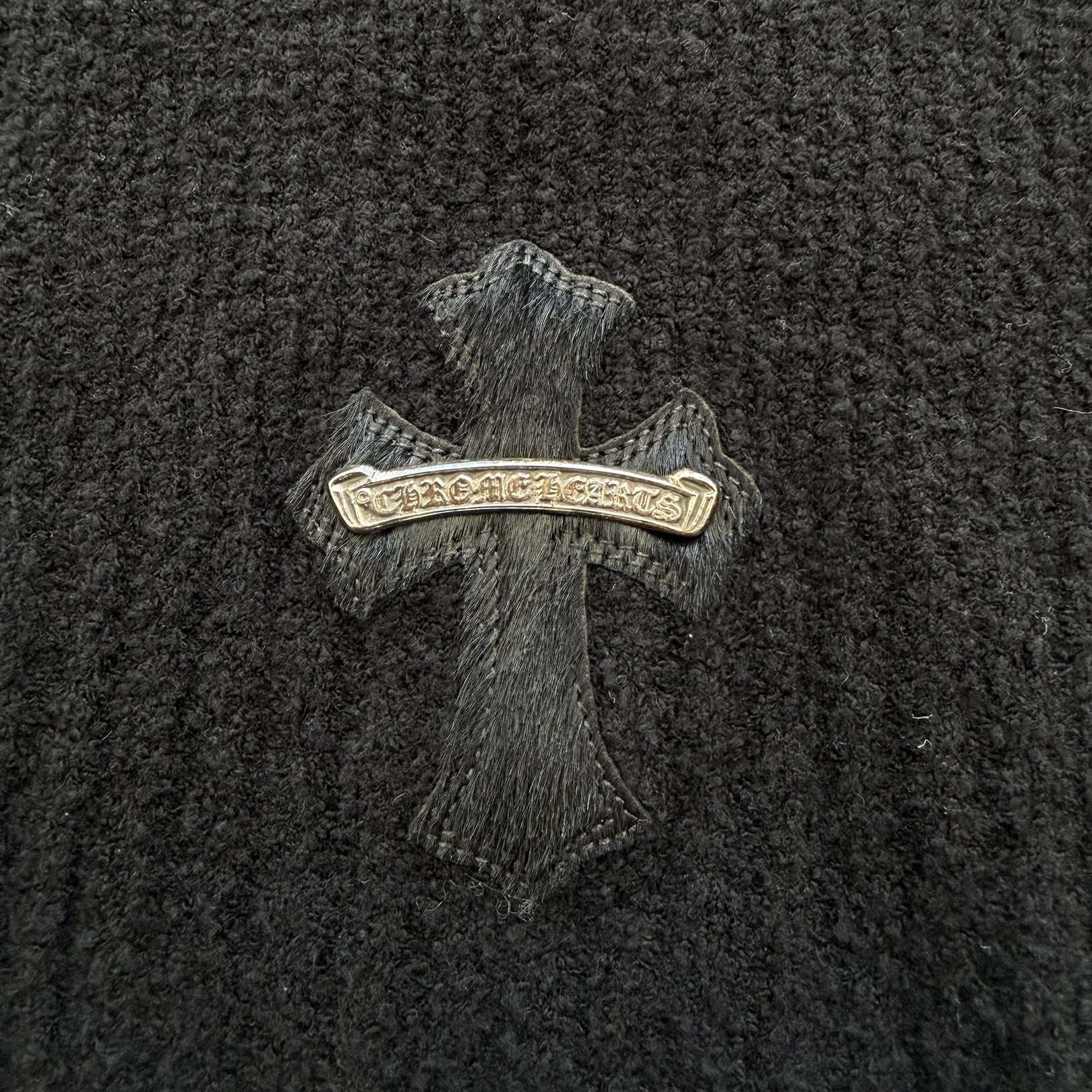CHROME HEARTS Y NOT Harako Leather Cross Patch Knit Pullover Hoodie Size XSM/SML クロムハーツ ワイノット ハラコレザー クロスパッチ ニット プルオーバーフーディー サイズXSM/SML
