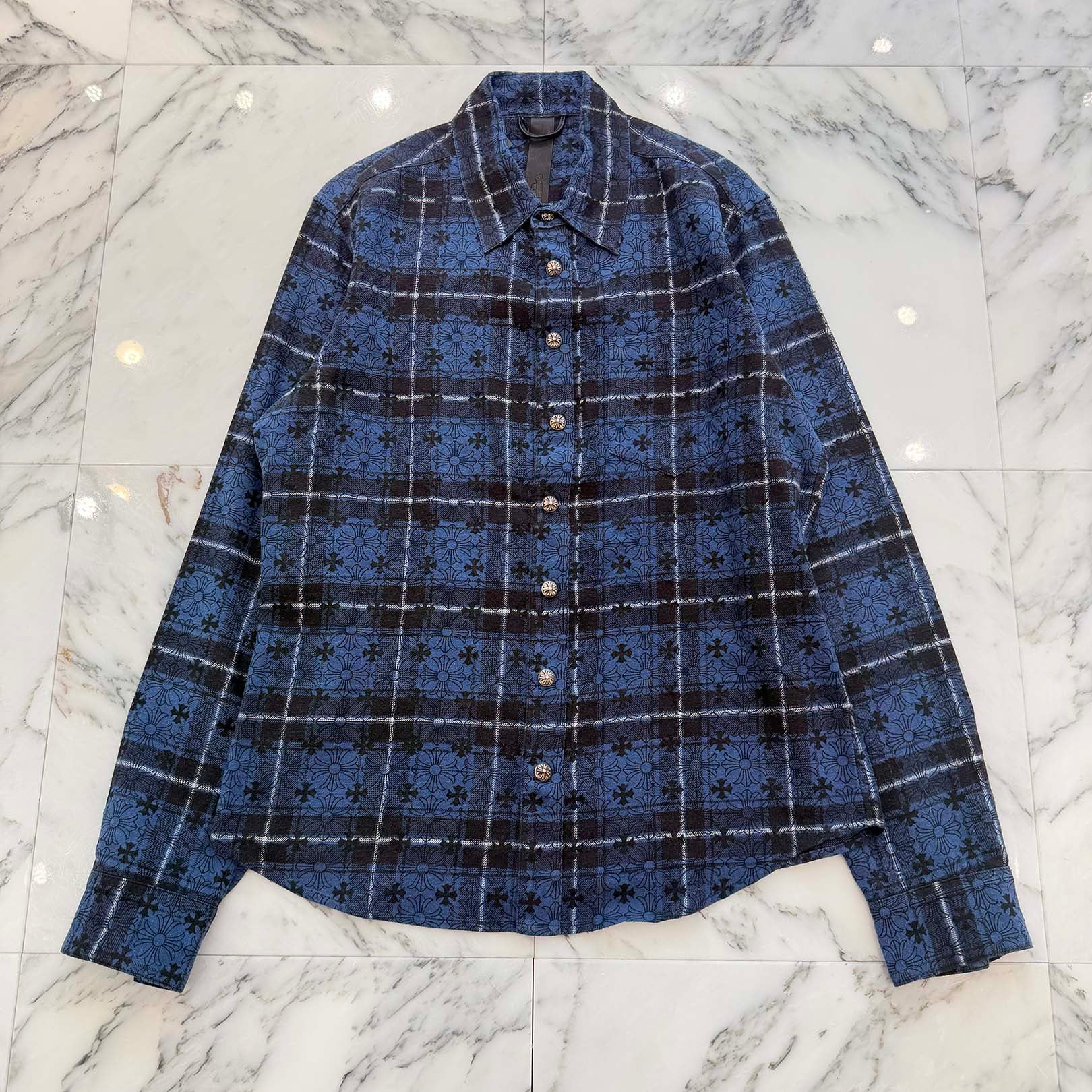 CHROME HEARTS Loose Ends Cross Leather Patch Check Shirt Size XXL クロムハーツ ルーズエンド クロスレザーパッチ チェック シャツ サイズXXL