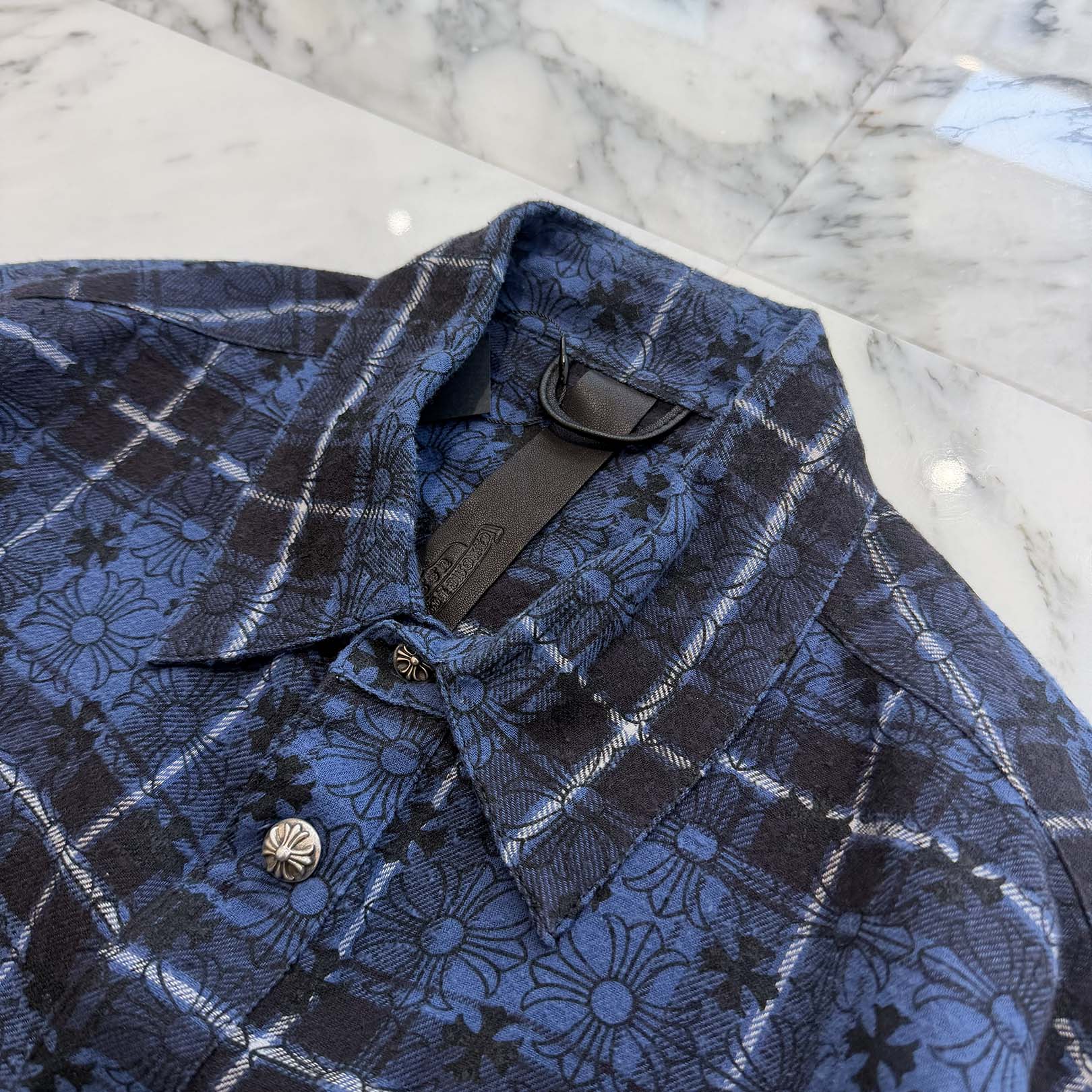 CHROME HEARTS Loose Ends Cross Leather Patch Check Shirt Size XXL