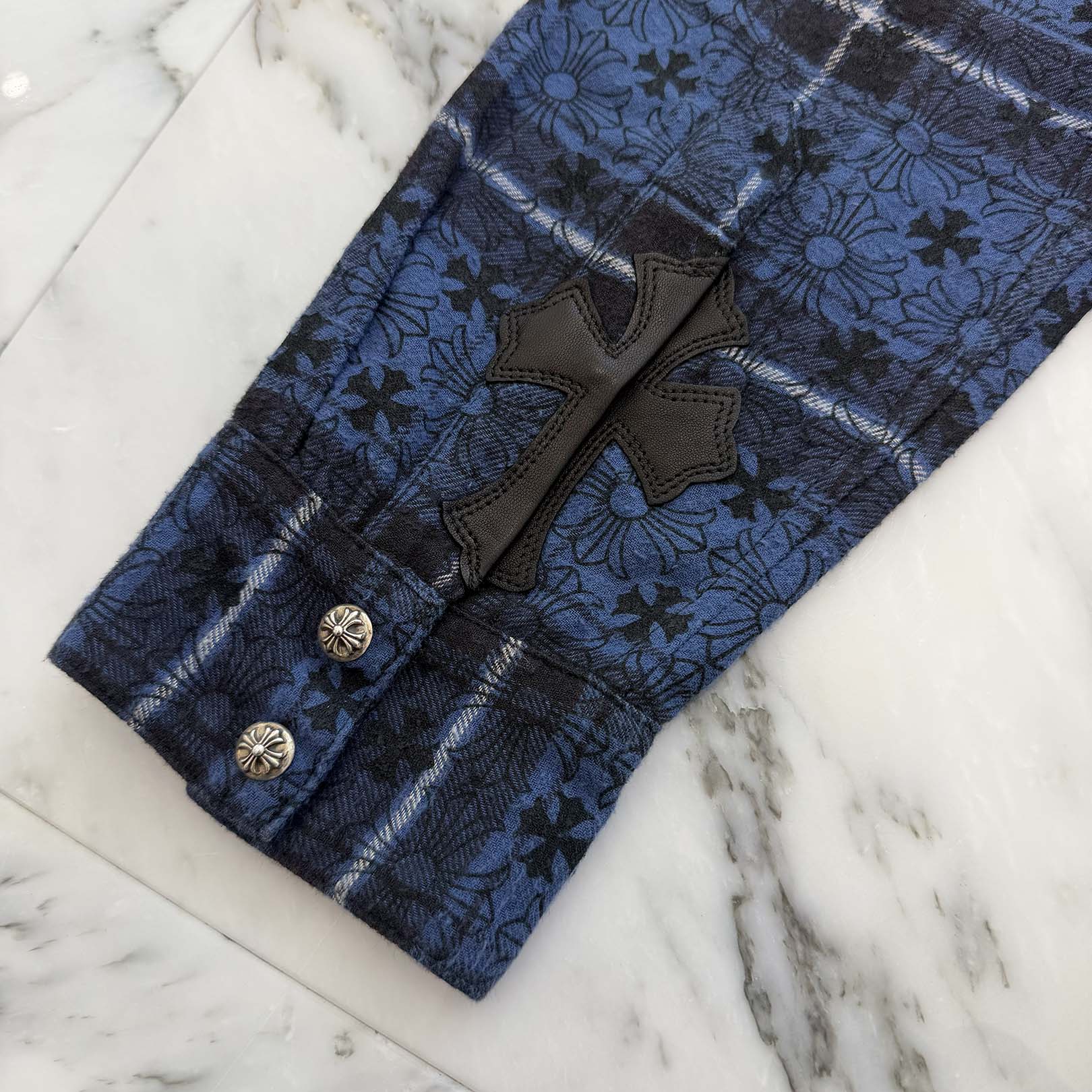 CHROME HEARTS Loose Ends Cross Leather Patch Check Shirt Size XXL クロムハーツ ルーズエンド クロスレザーパッチ チェック シャツ サイズXXL