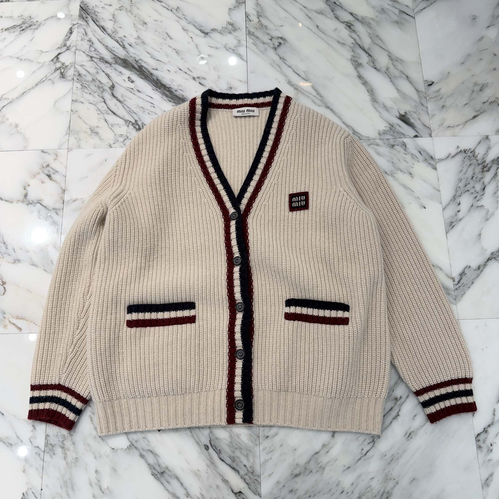 MIU MIU 2024AW Striped Detail Cashmere Cardigan MMF840 SOOO 138R Size 36 ミュウミュウ ストライプディテール カシミア カーディガン サイズ36