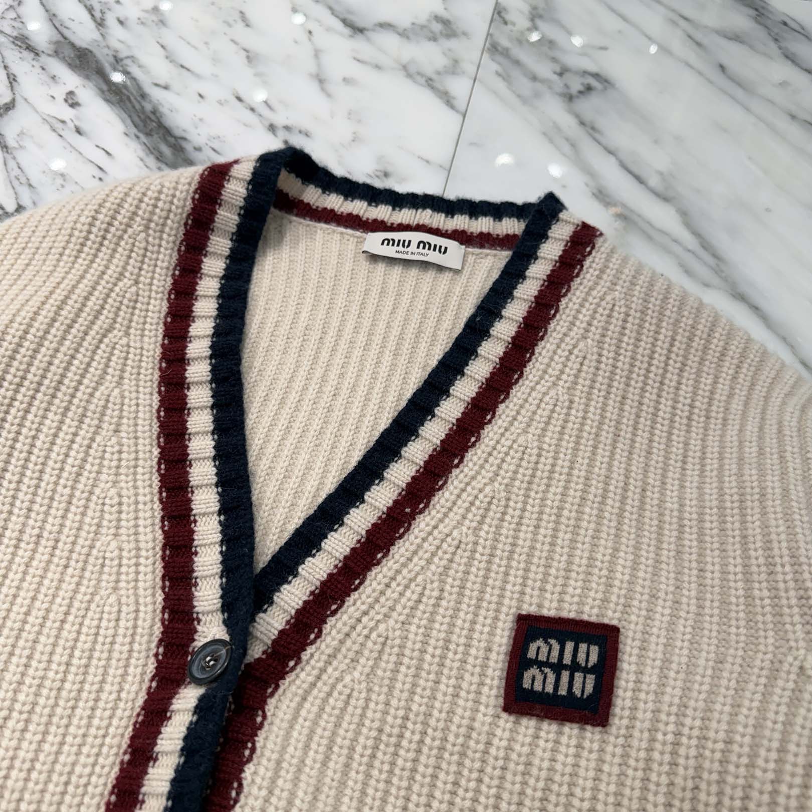 MIU MIU 2024AW Striped Detail Cashmere Cardigan MMF840 SOOO 138R Size 36 ミュウミュウ ストライプディテール カシミア カーディガン サイズ36
