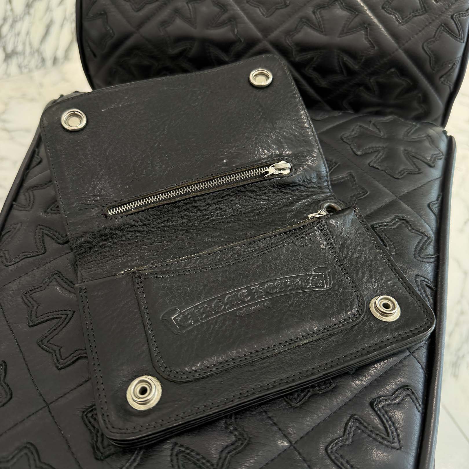 CHROME HEARTS 2 Zip Cross Ball Button Leather Wallet クロムハーツ 2ジップ クロスボールボタン レザーウォレット