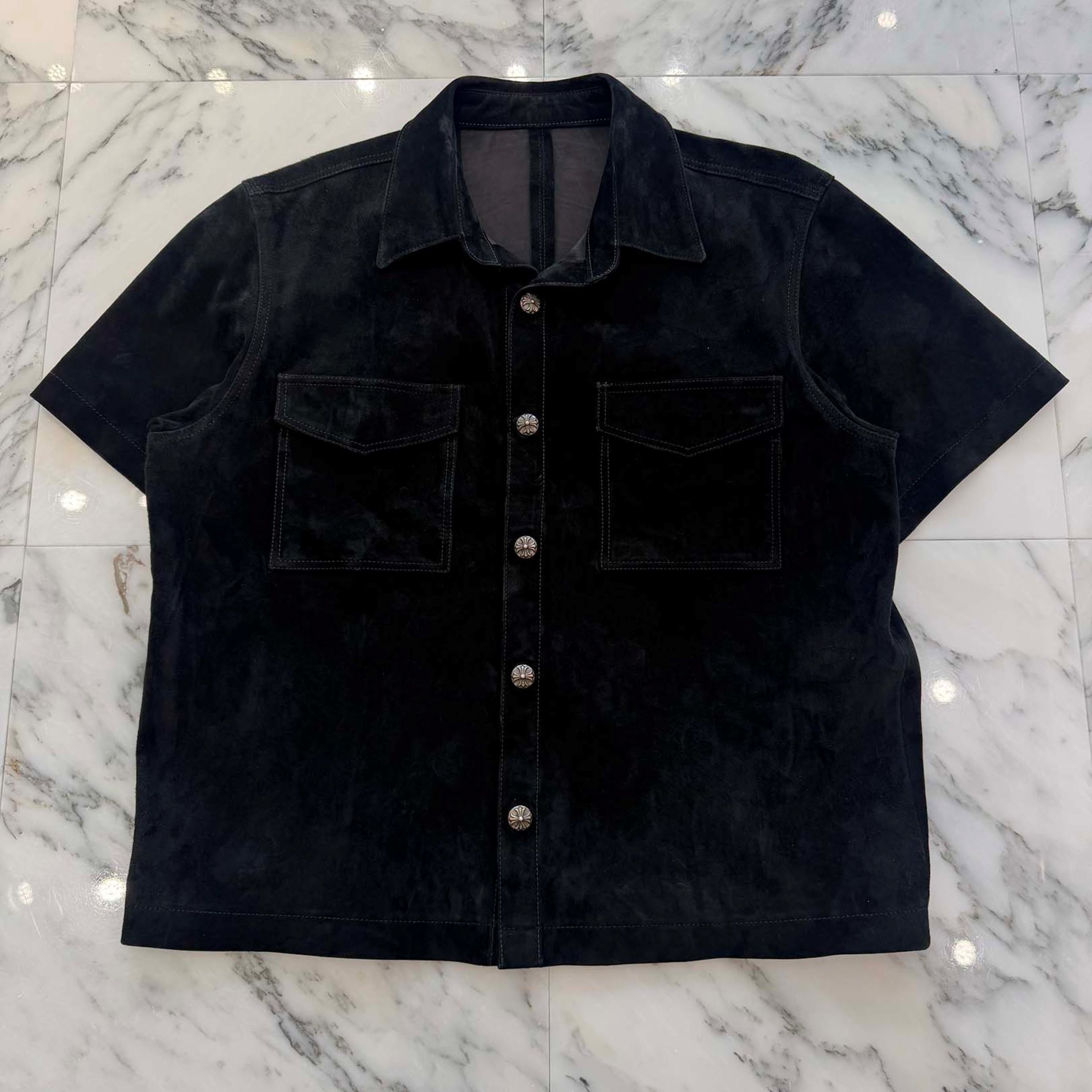 CHROME HEARTS Cross Ball Button Suede Leather Short Sleeve Shirt Size L クロムハーツ クロスボールボタン スエード レザー ショートスリーブシャツ サイズL