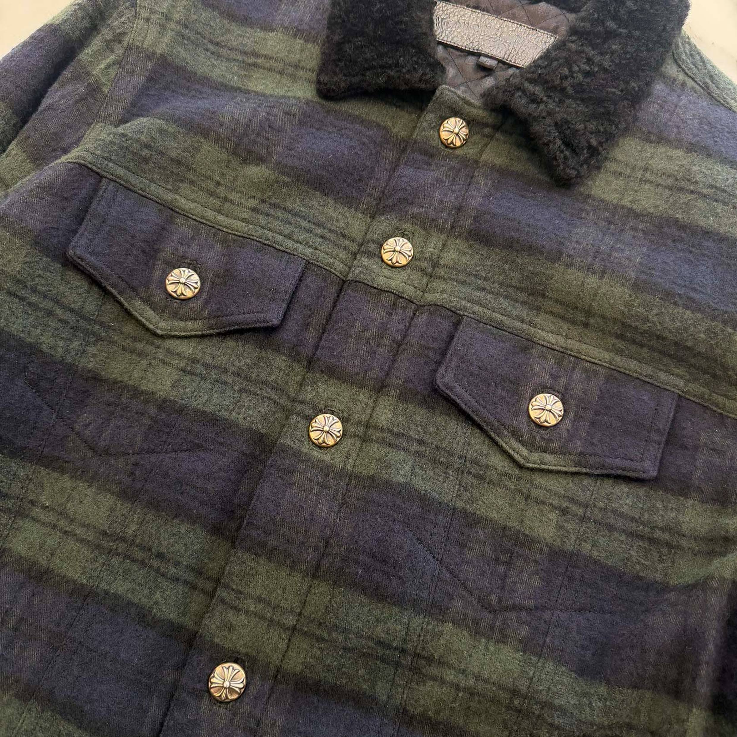 CHROME HEARTS Y NOT Back Flare Knee Cross Ball Button Flannel Check Shirt Jacket Size L クロムハーツ ワイノット バックフレアニークロスボールボタン フランネルチェック シャツジャケット サイズL