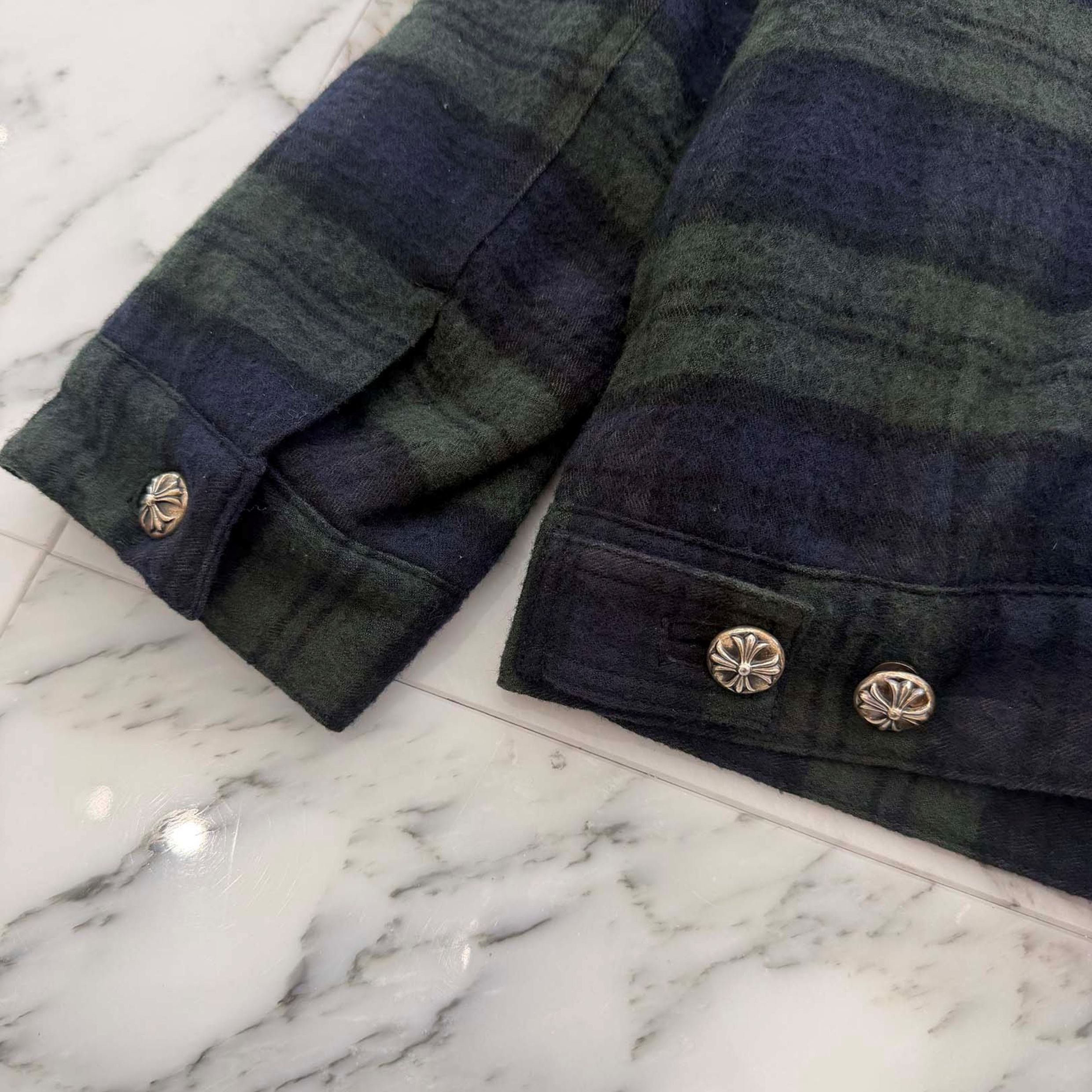 CHROME HEARTS Y NOT Back Flare Knee Cross Ball Button Flannel Check Shirt Jacket Size L クロムハーツ ワイノット バックフレアニークロスボールボタン フランネルチェック シャツジャケット サイズL