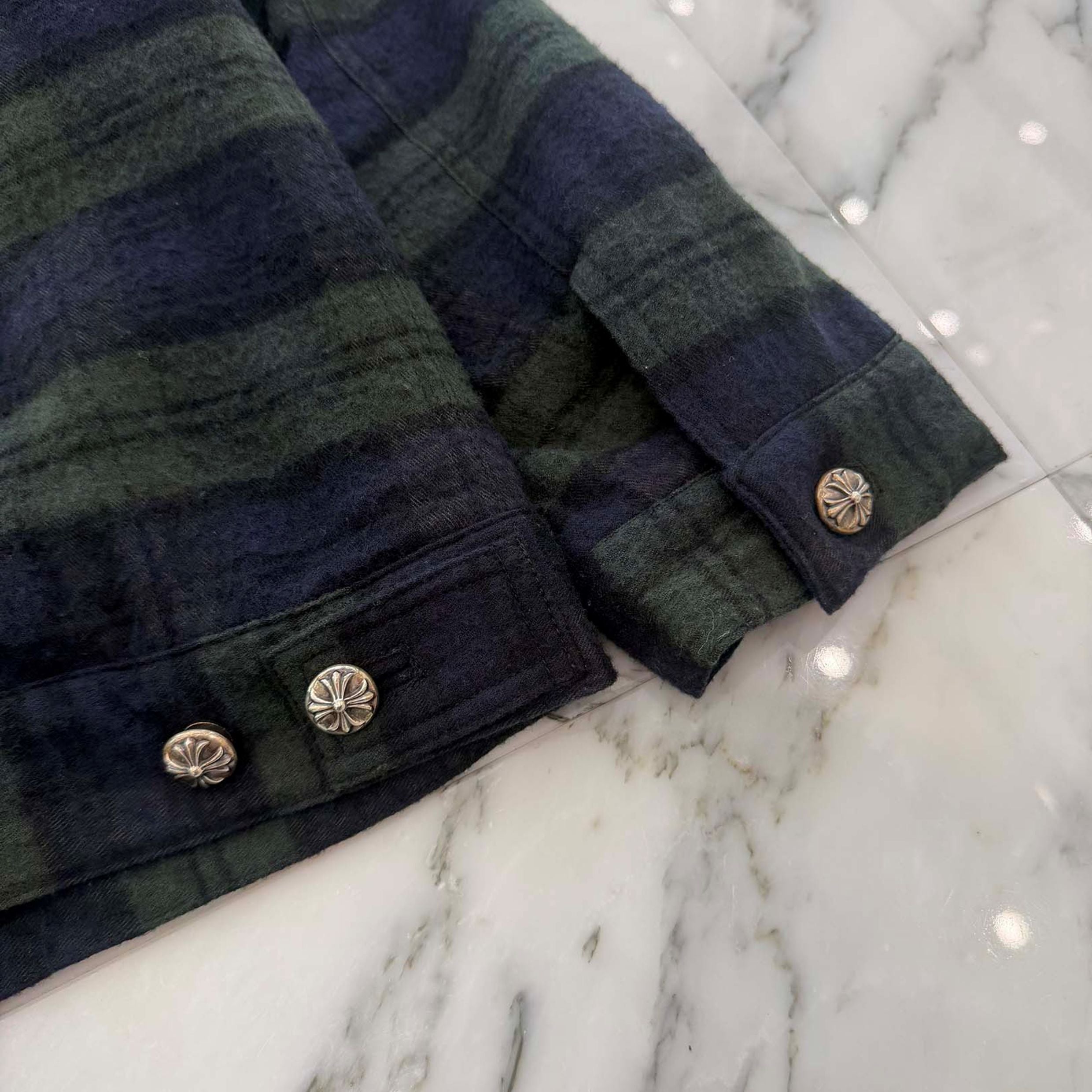 CHROME HEARTS Y NOT Back Flare Knee Cross Ball Button Flannel Check Shirt Jacket Size L クロムハーツ ワイノット バックフレアニークロスボールボタン フランネルチェック シャツジャケット サイズL